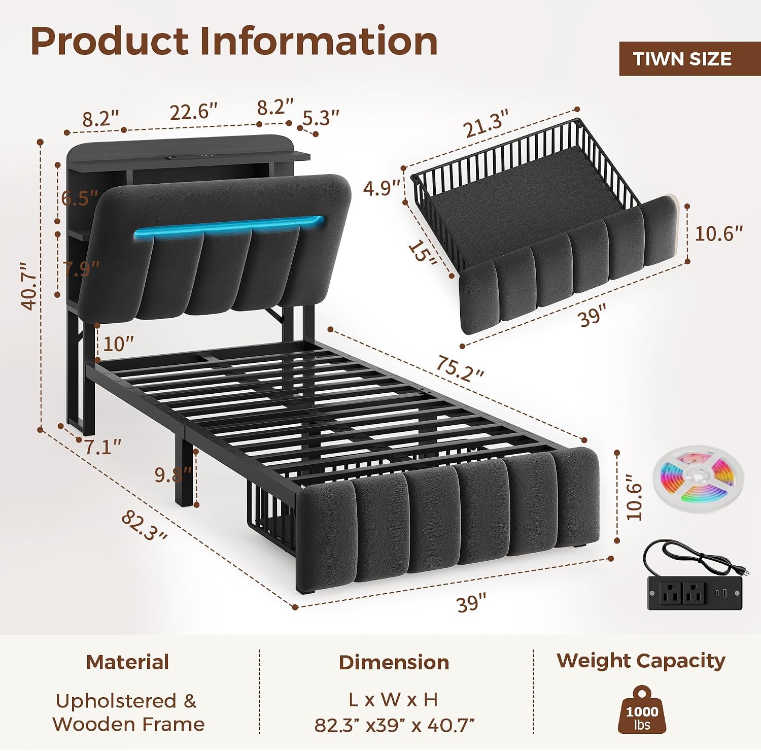 Twin Bed Frames with Storage Headboard for Kids/Boys, Upholstered Black Bed Frame Twin Size with Storage Drawers and Charging Station,Velvet Platform Metal Bed, Noise-Free, No Box Spring Needed