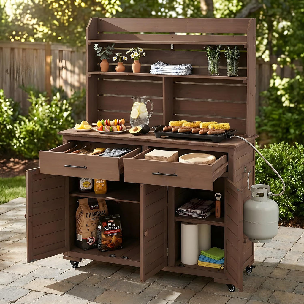 Polibi 65' H Large Garden Potting Bench with Lockable Wheels,Hutch Top & Storage Cabinet, Fir Wood Outdoor Kitchen Island Prep Cart with Drawers and Removable Shelves for Grilling, Brown