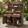 Polibi 65' H Large Garden Potting Bench with Lockable Wheels,Hutch Top & Storage Cabinet, Fir Wood Outdoor Kitchen Island Prep Cart with Drawers and Removable Shelves for Grilling, Brown