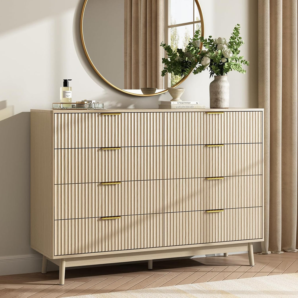 CARPETNAL Fluted Dresser and Nightstand Sets for Bedroom, 3 Pcs Bedroom Set, 8-Drawer Dresser & 2-Drawer Nightstand Set of 2, Modern Wood Chest of Drawers for Living Room, Entryway, Beige