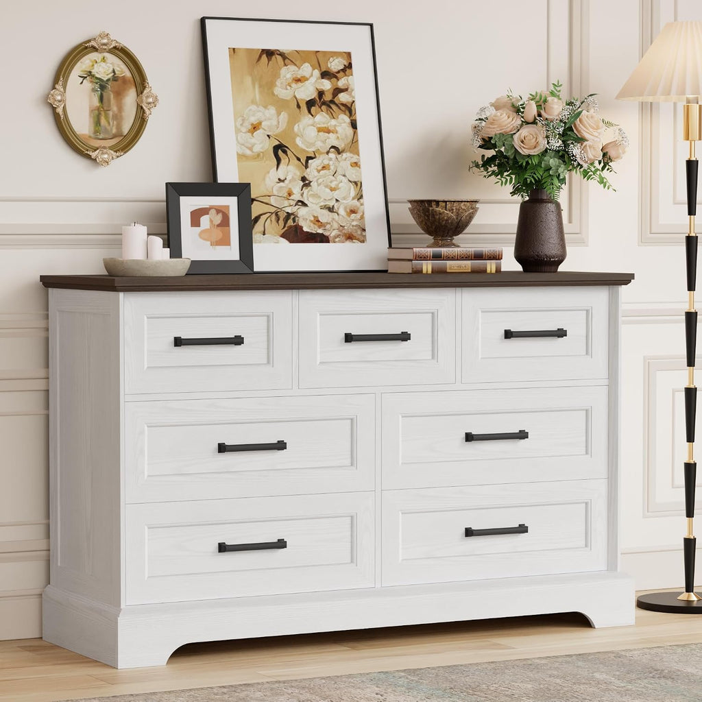 Furmax Farmhouse Dresser for Bedroom, 7 Drawers Dresser, Wood Chest of Drawers, 47.5' Wide Storage Dressers Organizer for Bedroom, Living Room, White and Brown