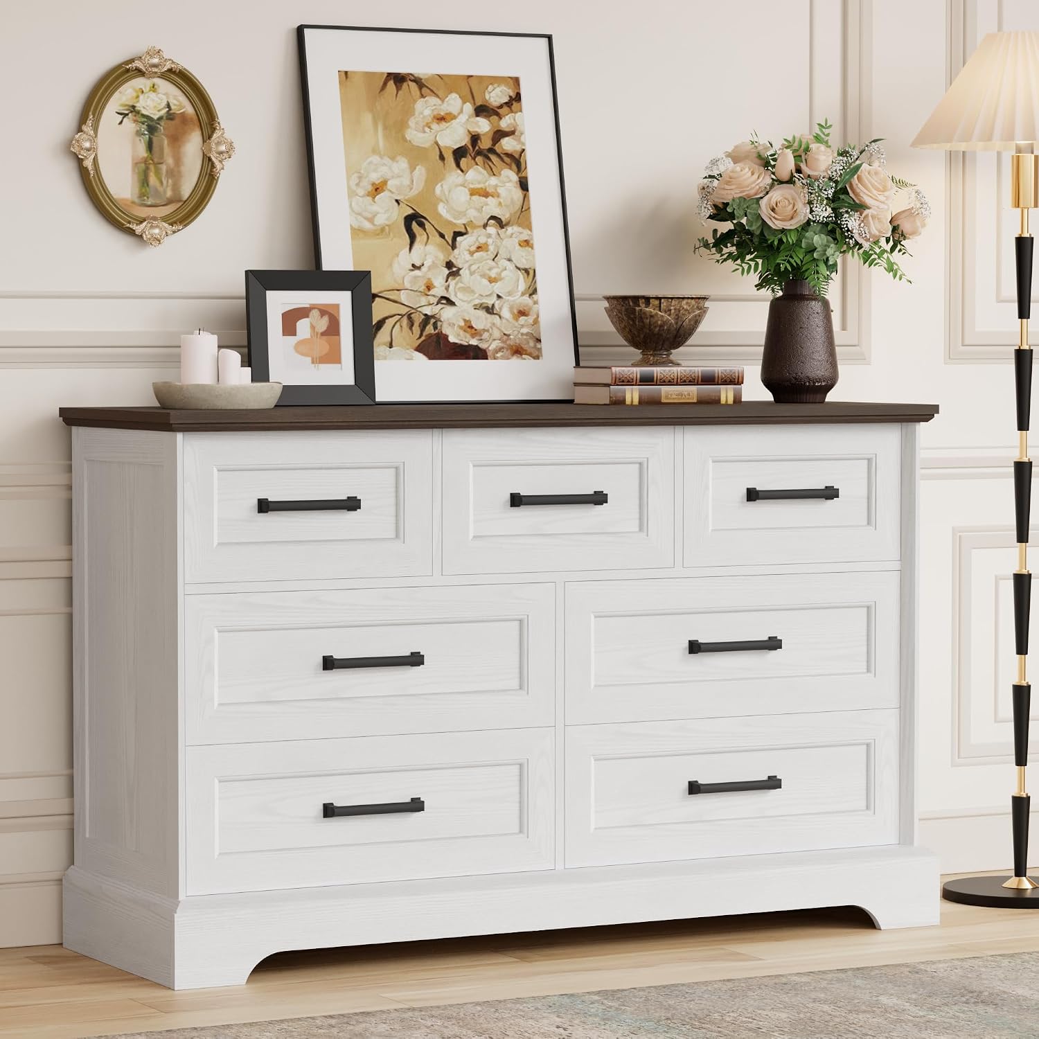 Furmax Farmhouse Dresser for Bedroom, 7 Drawers Dresser, Wood Chest of Drawers, 47.5' Wide Storage Dressers Organizer for Bedroom, Living Room, White and Brown