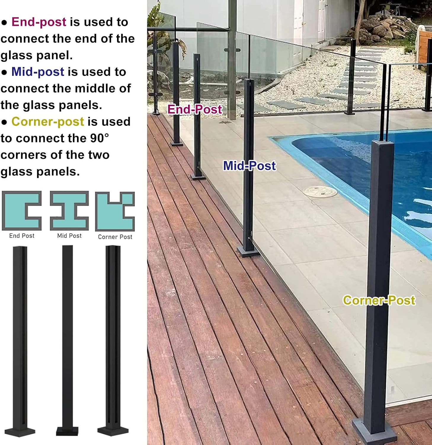 Heavy Duty Glass Balustrade Railing Post, Black Square Hallway Handrail Kit for Glass/Plastic/Wood/Acrylic Panel, Easy to Install (Color : Deep Coffee, Size : Height-65cm/25.6in)