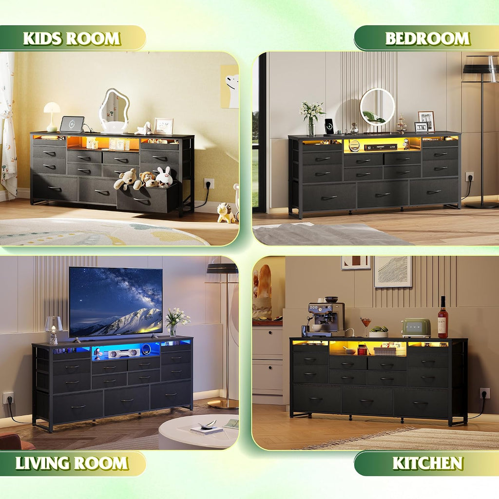 WLIVE Long Dresser for Bedroom, TV Stand for 55, 60, 65 Inch TV, 13 Drawer Wide Fabric Dresser with Wood Top, Large Storage Chest of Drawers for Living Room, Hallway, Closet, Black