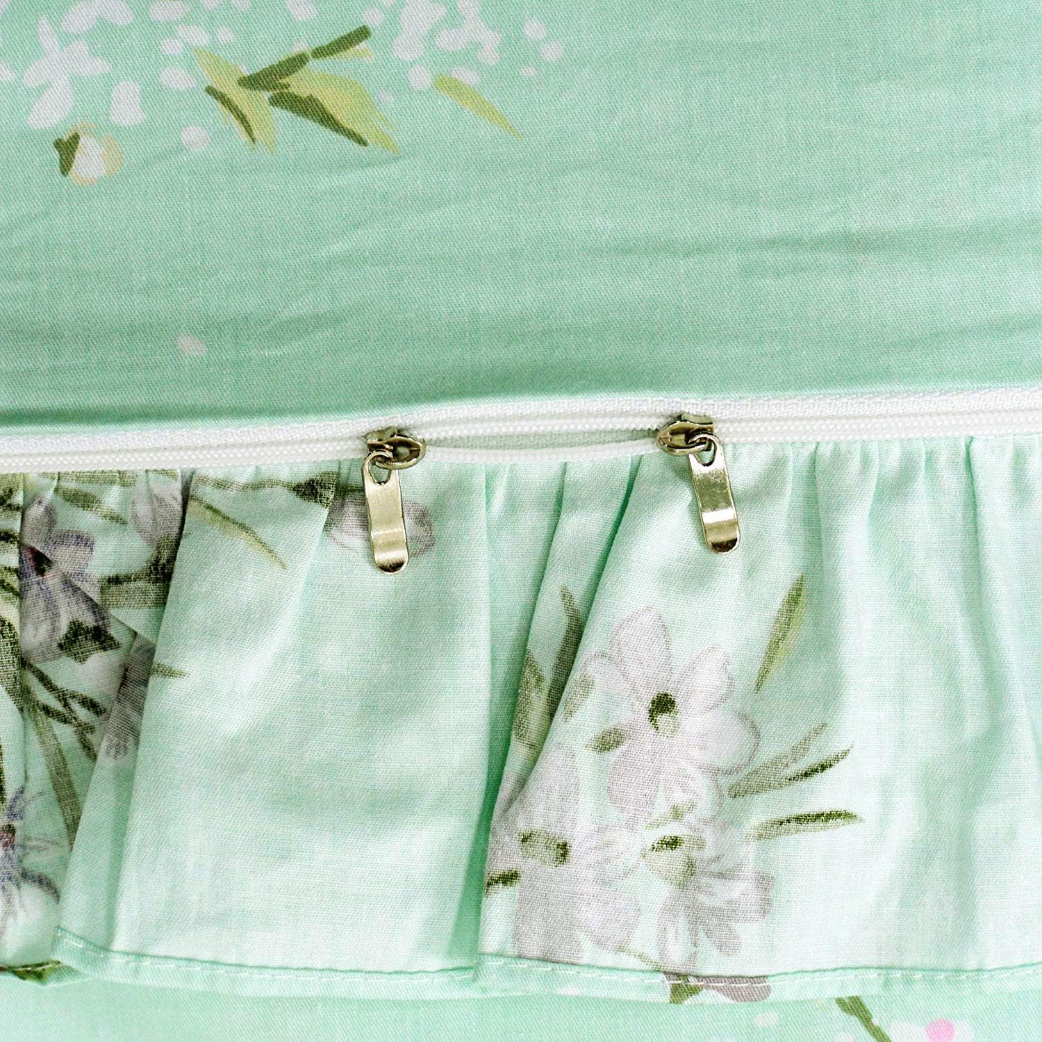 FADFAY Shabby Green Floral Bedding 100% Cotton Princess Lace Ruffle Girls Duvet Cover Set with Bedskirt, 4Pcs, King Size