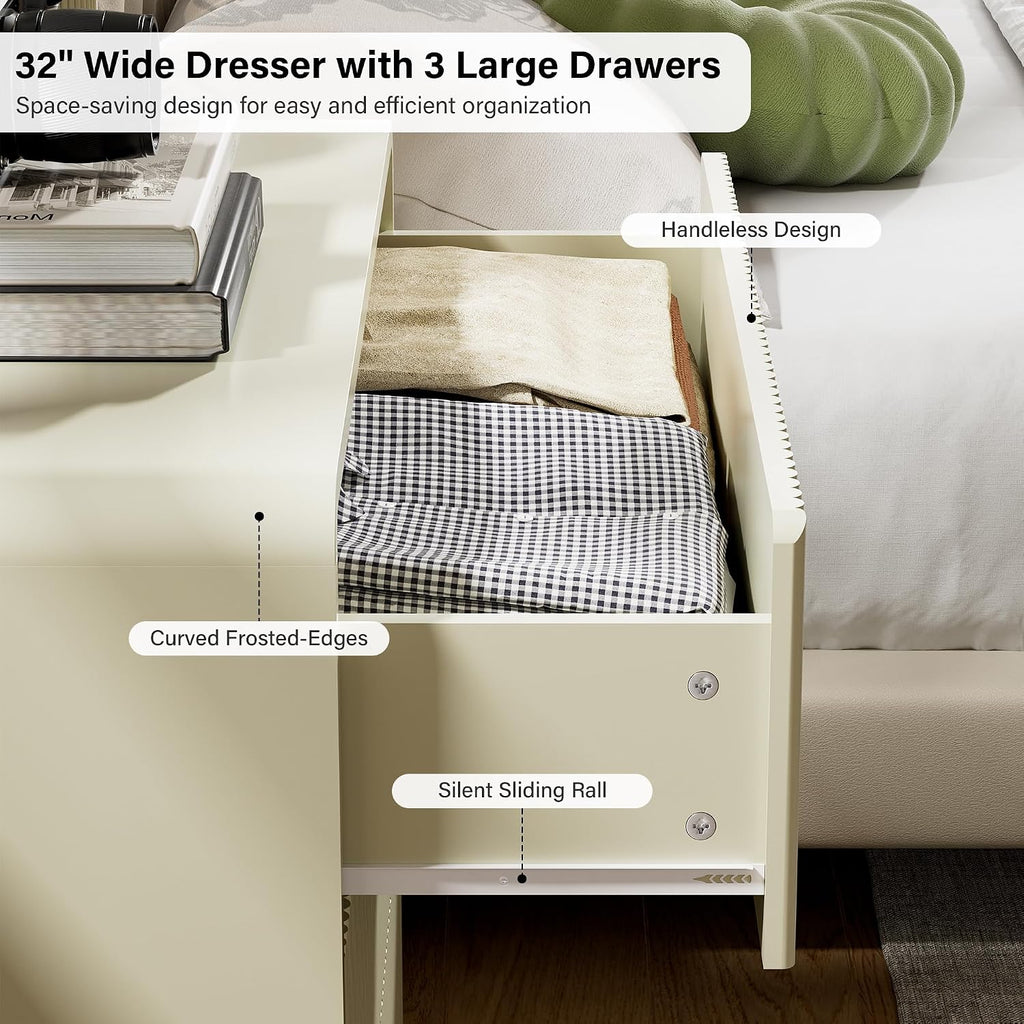 Furniway Beige 3 Drawer Dresser, 32' Wide Wood Chest of Drawers with Curved Design, Modern Fluted Dresser with Push-to-Open Storage for Bedroom