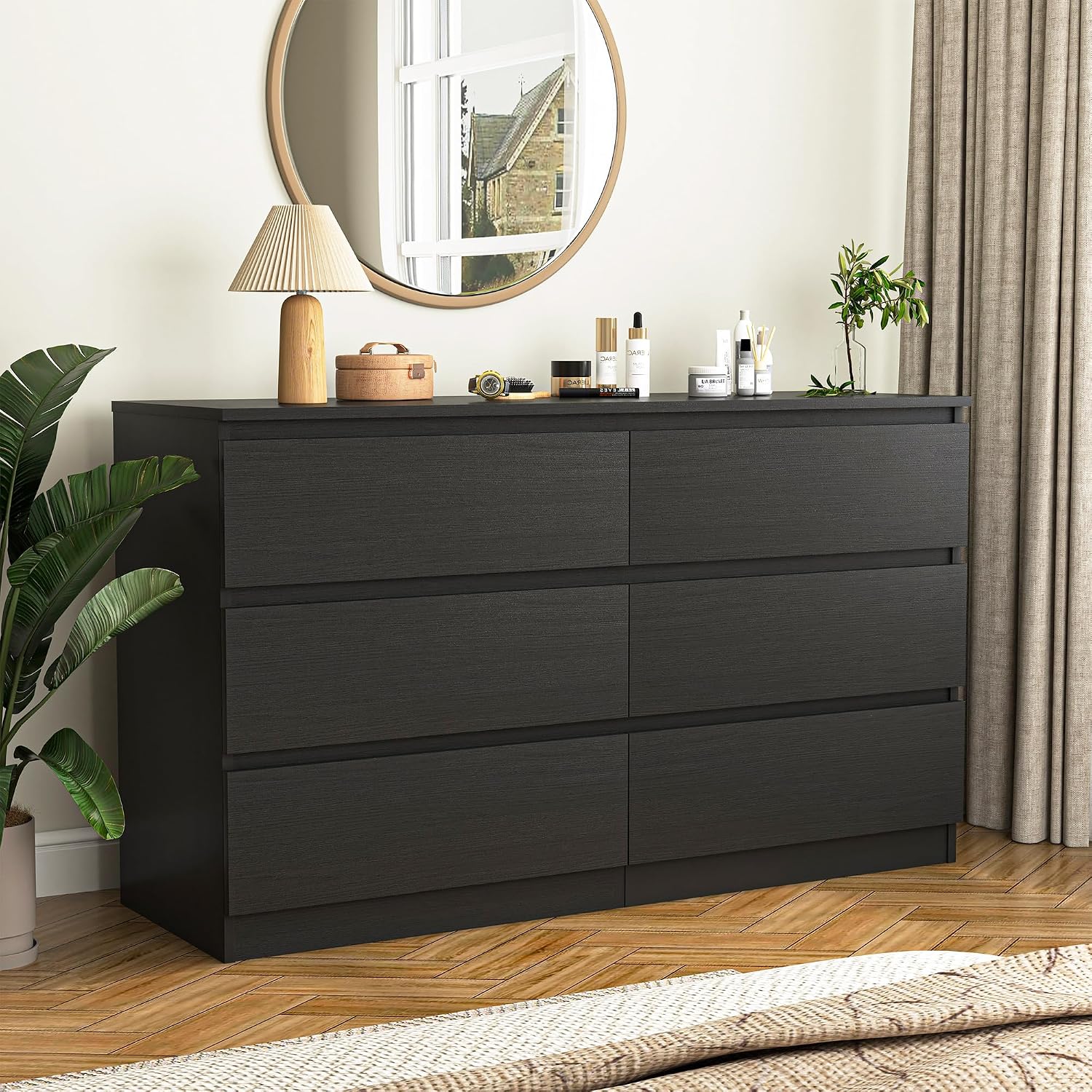 Vibe & Dine Double Dresser 6 Drawer, Modern Chest of Drawers with Wide Storage for Closet, Bedroom, Living Room, Black