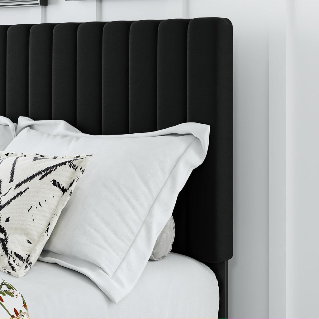 IOILORI Full Size Bed Frame, Velvet Upholstered Platform Bed with Adjustable Tufted Headboard, Sturdy Frame and Slats, Noiseless, No Box Spring Required, Easy to Assemble, Black
