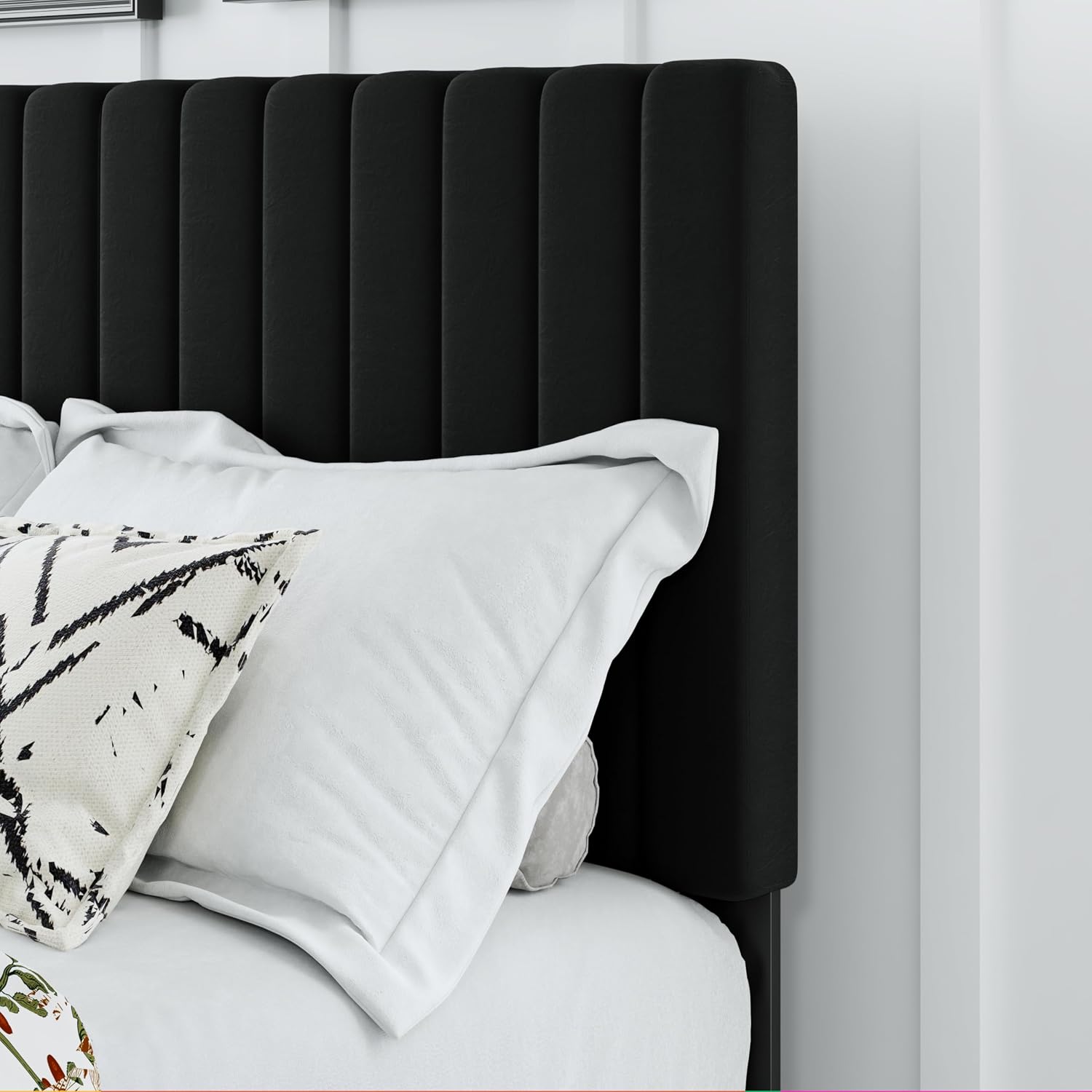 IOILORI Full Size Bed Frame, Velvet Upholstered Platform Bed with Adjustable Tufted Headboard, Sturdy Frame and Slats, Noiseless, No Box Spring Required, Easy to Assemble, Black