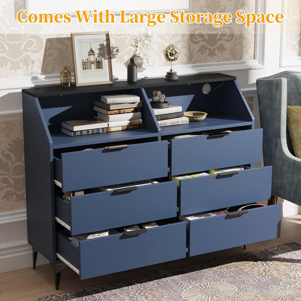 6 Drawer Dresser for Bedroom with Charging Station and LED Lights, Modern Double Dresser, Large Chest of Drawers with Open Space, LED Storage Cabinet for Living Room (Blue-Silver)