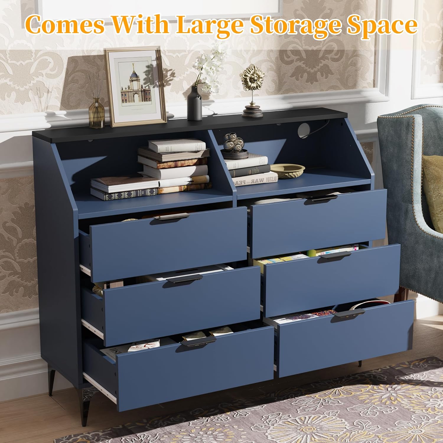 6 Drawer Dresser for Bedroom with Charging Station and LED Lights, Modern Double Dresser, Large Chest of Drawers with Open Space, LED Storage Cabinet for Living Room (Blue-Silver)