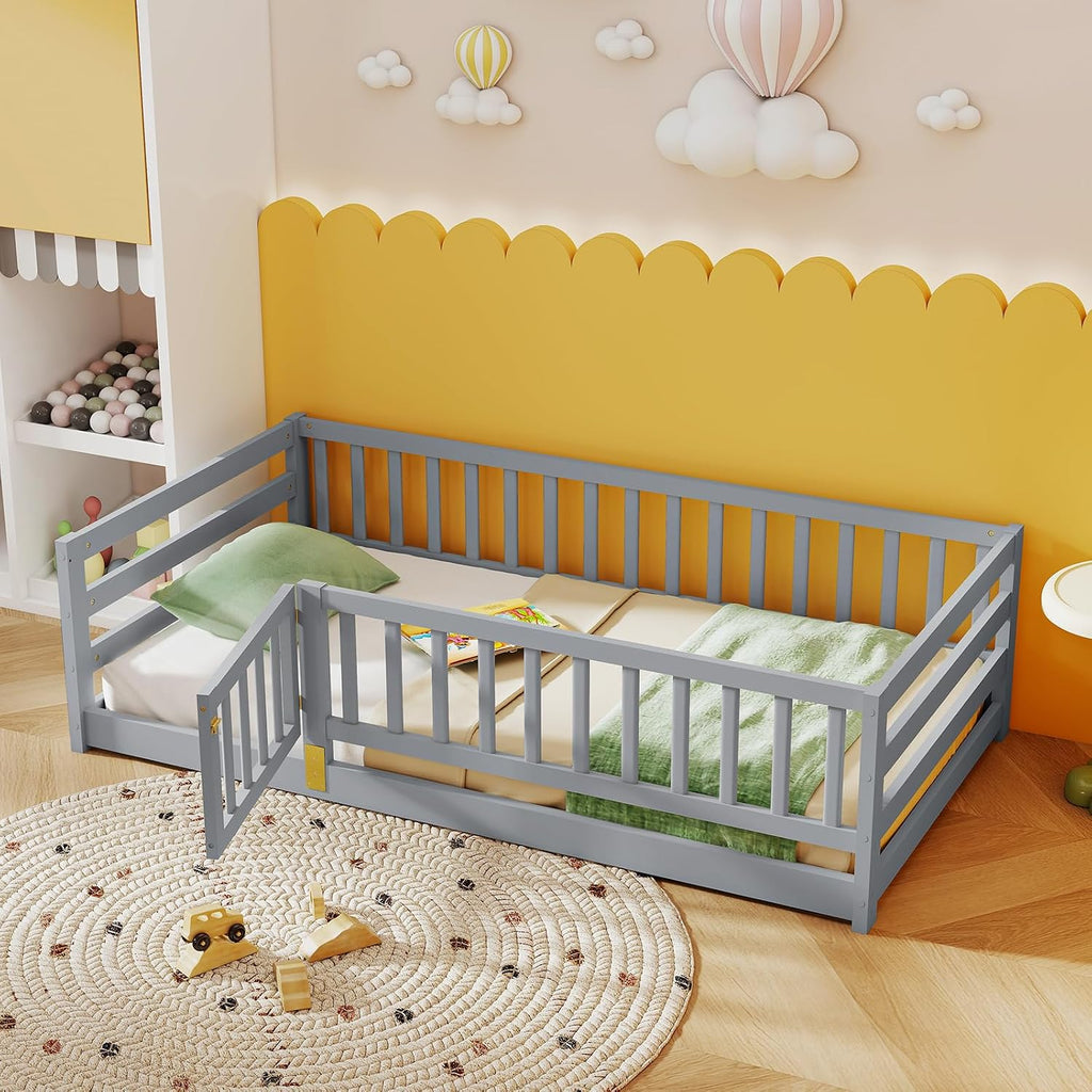 KOMFOTT Twin Size Wood Floor Bed with Door & 21.5' Fence, Montessori Bed Frame with Full Length Safety Guardrails, Door & Latch, Wooden Montessori Floor Bed for Kids, Girls, Boys