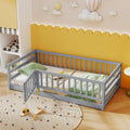 KOMFOTT Twin Size Wood Floor Bed with Door & 21.5' Fence, Montessori Bed Frame with Full Length Safety Guardrails, Door & Latch, Wooden Montessori Floor Bed for Kids, Girls, Boys