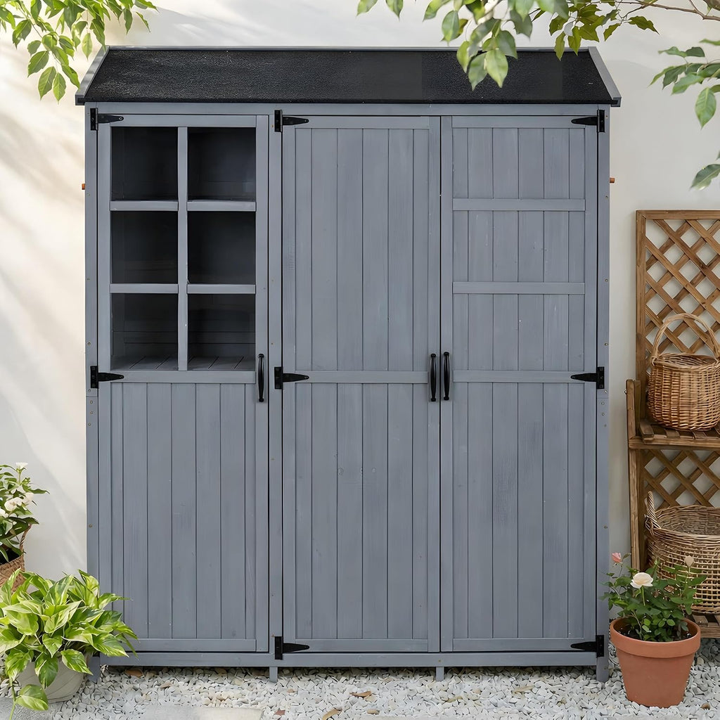 Large Garden Potting Bench Table, Fir Wood Garden Table with Waterproof Roof & 3 Doors Storage Cabinet, Outdoor Patio Workstation with 7 Storage Shelves, 2 Drawers and 6 Side Hooks, Gray
