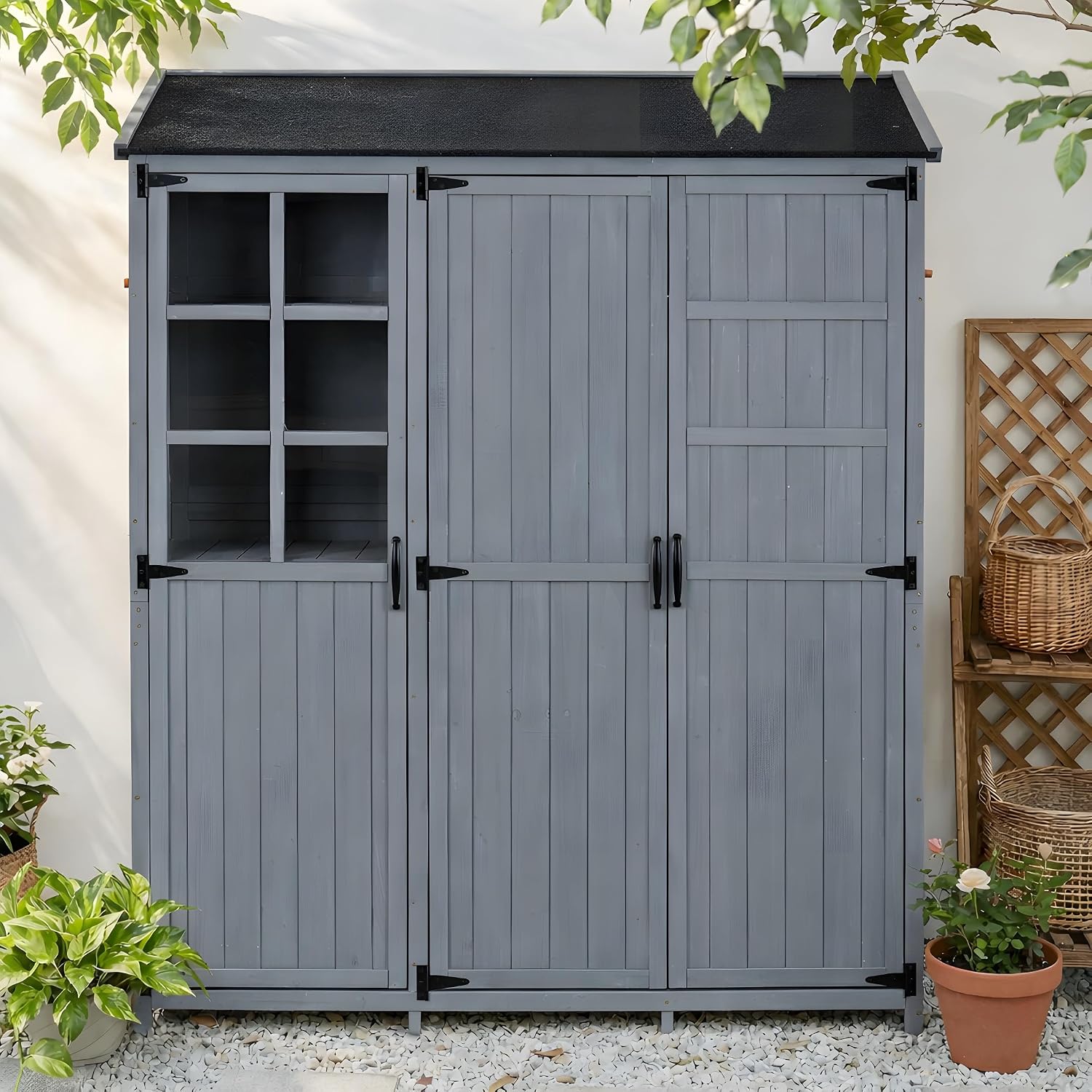Large Garden Potting Bench Table, Fir Wood Garden Table with Waterproof Roof & 3 Doors Storage Cabinet, Outdoor Patio Workstation with 7 Storage Shelves, 2 Drawers and 6 Side Hooks, Gray