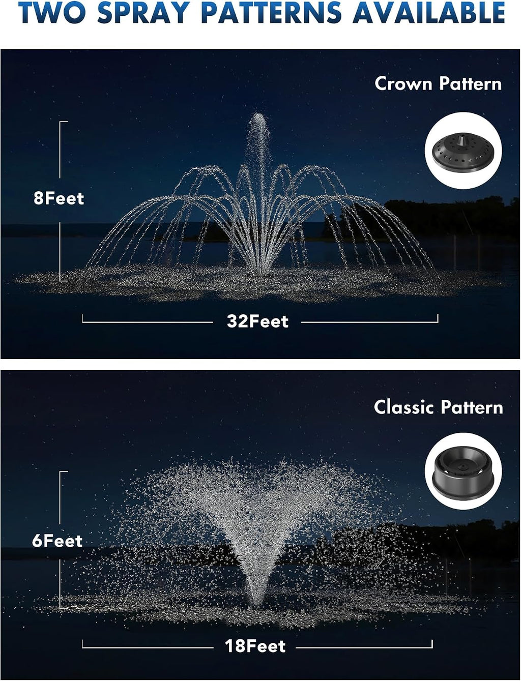 HQUA-FS01 110V, 1/2HP, OD(φ) 32' Large Pond Floating Fountain with 13000 GPH Fountain Pump, 100' Power Cord, Two Spray Patterns 32'×12' and 18'×6'