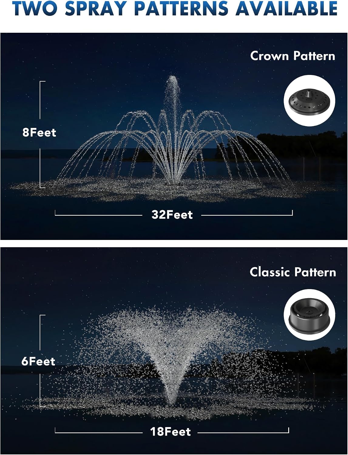 HQUA-FS01 110V, 1/2HP, OD(φ) 32' Large Pond Floating Fountain with 13000 GPH Fountain Pump, 100' Power Cord, Two Spray Patterns 32'×12' and 18'×6'