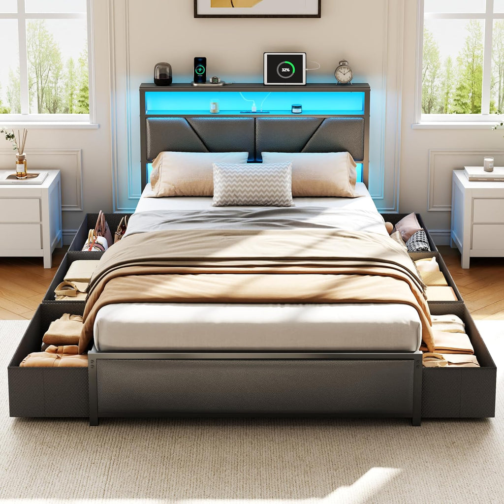 OURPIC Full Size Bed Frame, 6 Fabric Storage Drawers and 2-Tier Headboard, PU Leather Upholstered Platform Bed Frame Full with LED Lights and Charging Station, No Box Spring Needed, Noise Free