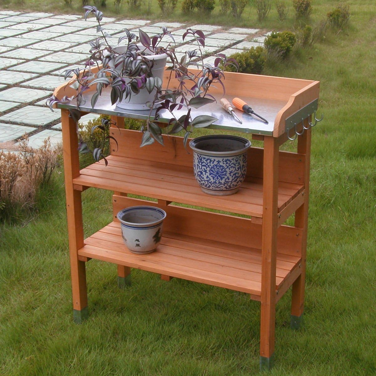 New Outdoor Garden Wooden Potting Bench Work Station Table Tool Storage Shelf W/Hook