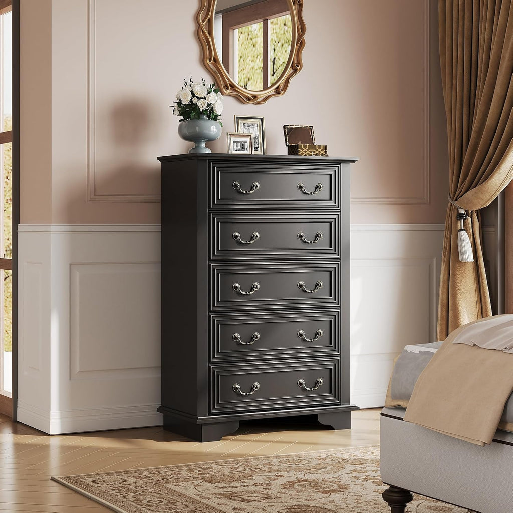 WLIVE Farmhouse Dresser for Bedroom, Tall Wood Dresser with 5 Drawer, Chest of Drawers with Roman Metal Handle for Living Room, Hallway, Closet, Black