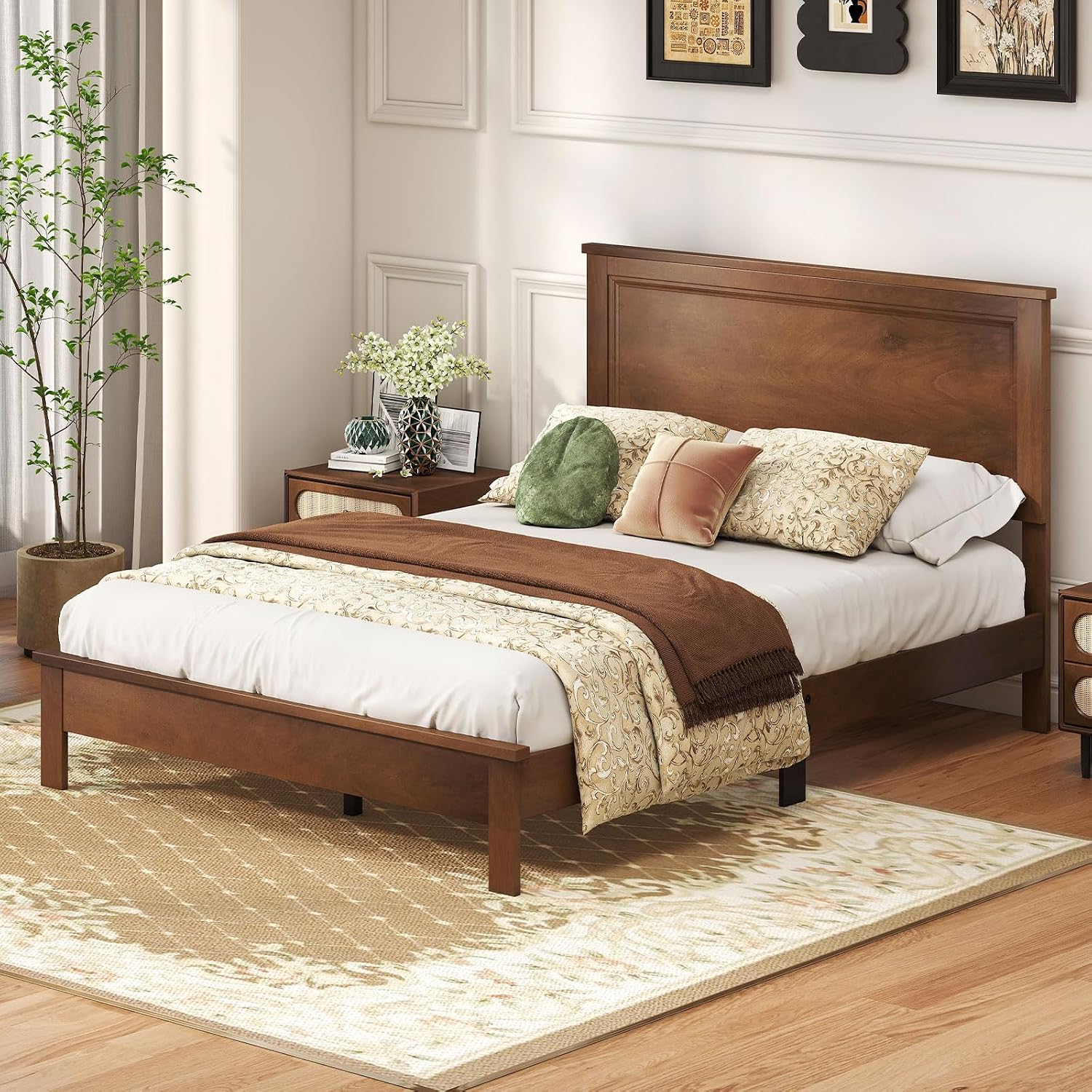GOFLAME Full Size Wood Bed Frame, Mid-Century Modern Platform Bed with Headboard, Solid Wood Legs, Mattress Foundation with 12 Wooden Slats, No Box Spring Needed, Walnut