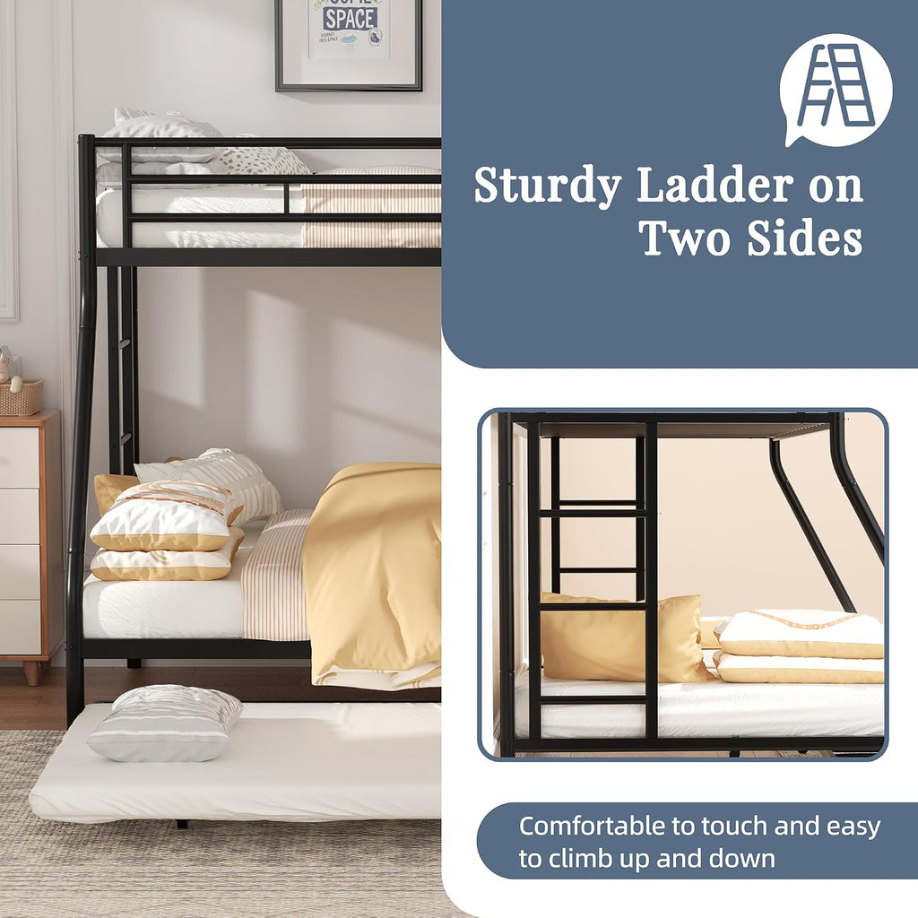 Shintenchi Bunk Bed Twin Over Full Size with Trundle, Heavy-Duty Twin&Full Frame with Full-Length Guardrail and Two Ladders, Triple for Kids, Teens and Adults, Space-Saving, Black