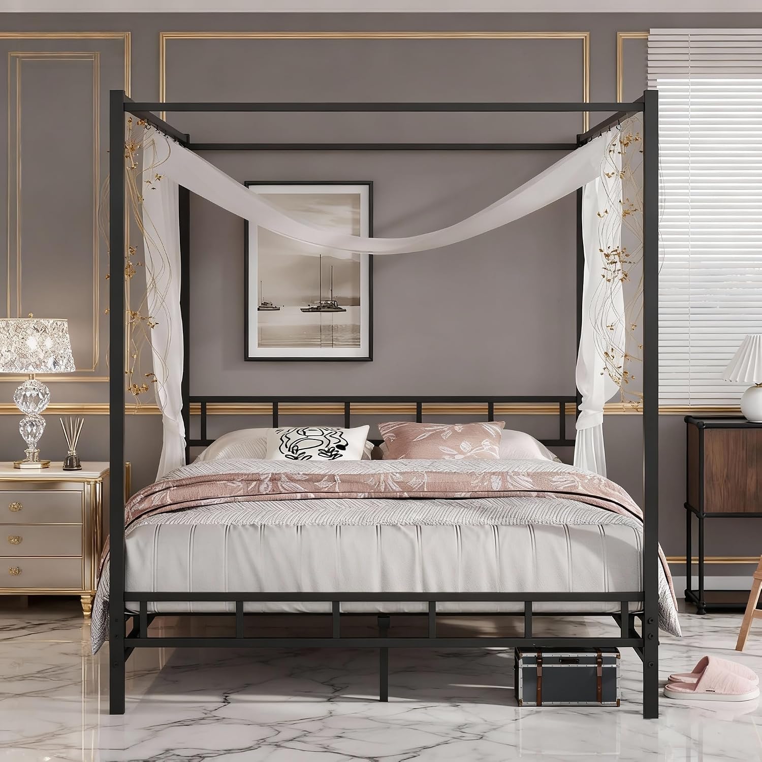 BarnFurin Queen Canopy Bed Frame/Mattress Foundation Platform with Metal Slats Support/Under-Bed Storage Space/No Box Spring Needed/Easy Assembly/Black