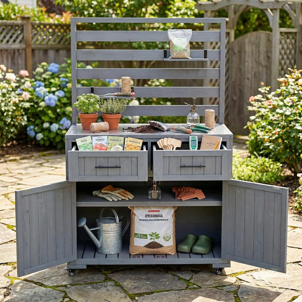 Polibi Outdoor Kitchen Island Solid Wood Patio Cart, 64.9' BBQ Grill Prep Table with Stainless Top, 3 Movable Shelves & 2 Drawers, Garden Potting Bench, Gray