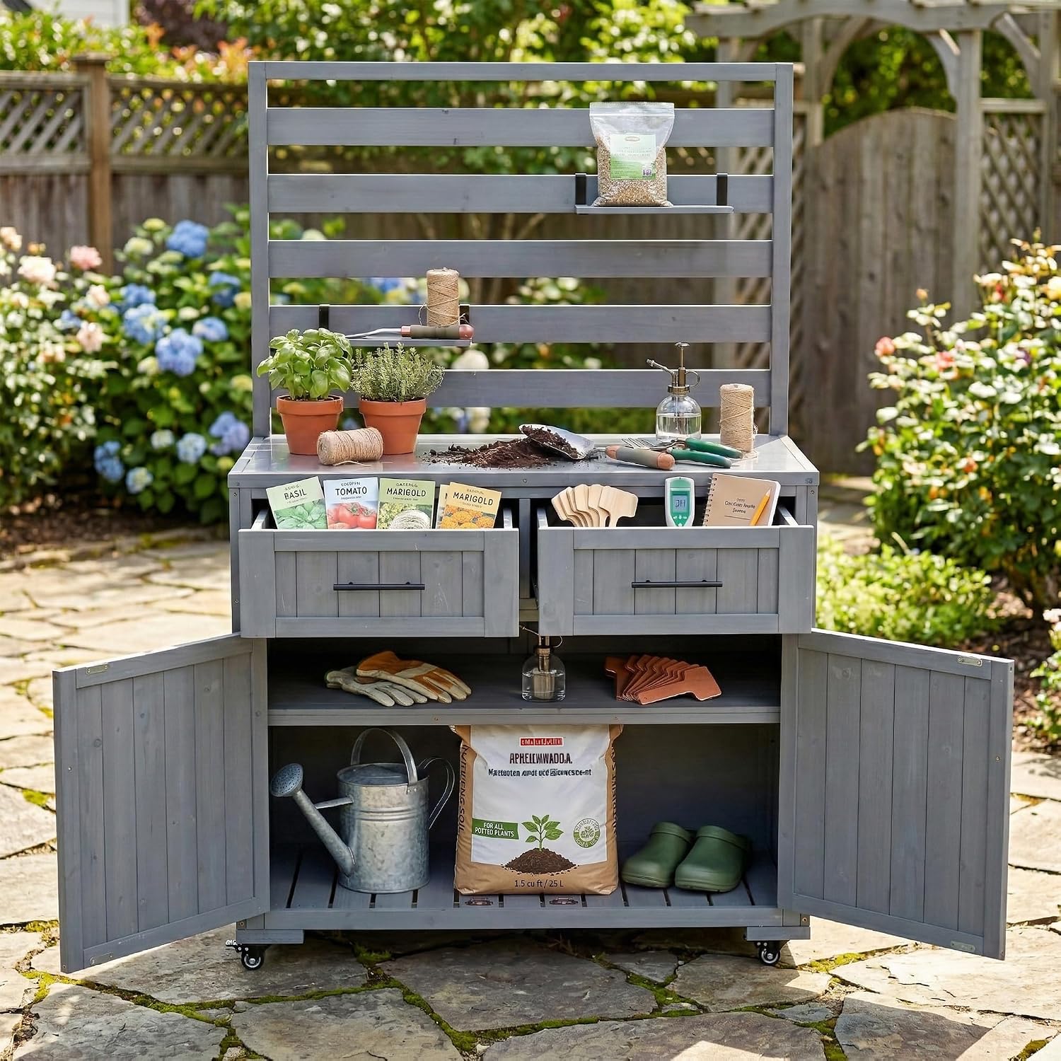 Polibi Outdoor Kitchen Island Solid Wood Patio Cart, 64.9' BBQ Grill Prep Table with Stainless Top, 3 Movable Shelves & 2 Drawers, Garden Potting Bench, Gray