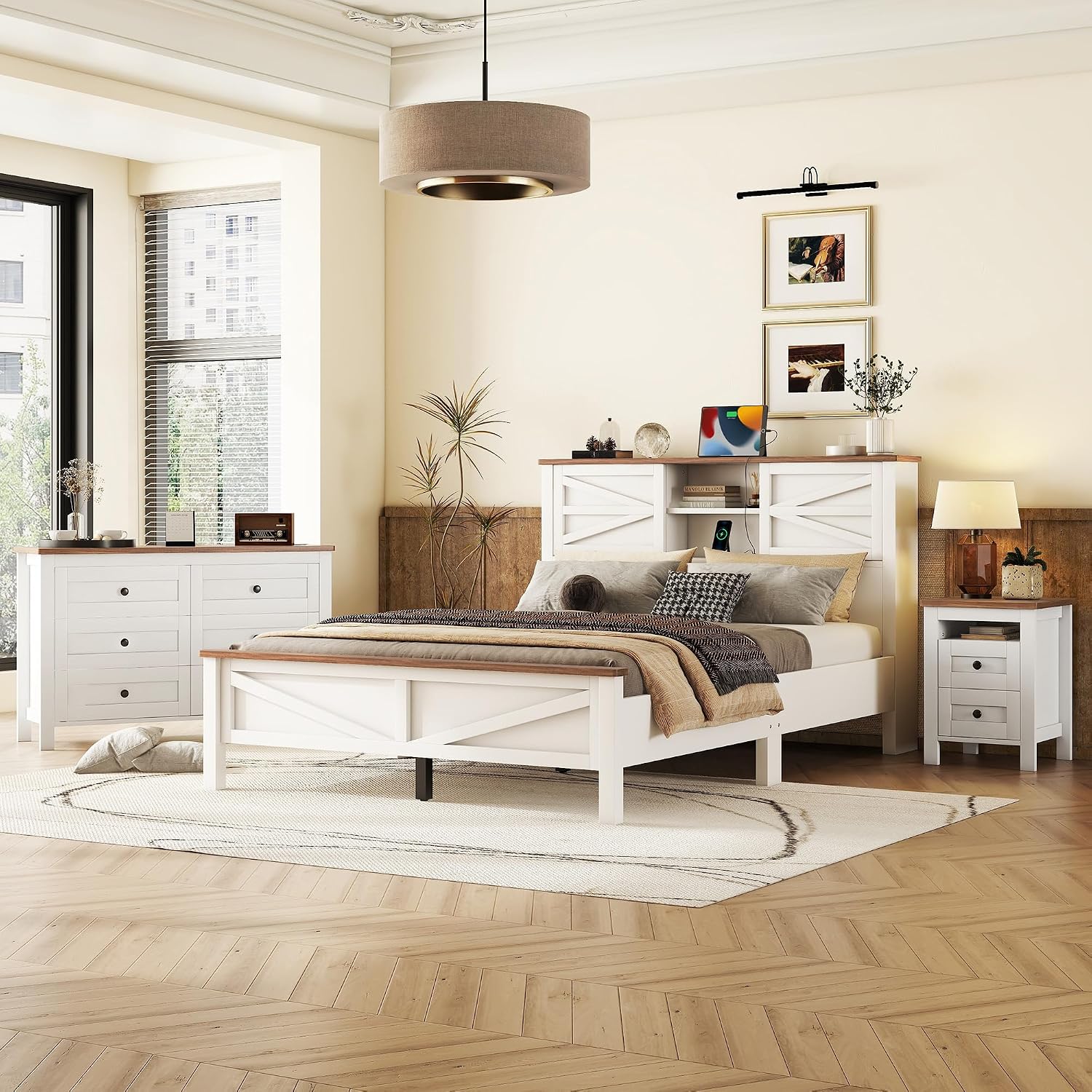 Farmhouse 3-Pieces Bedroom Sets Queen Size Farmhouse Platform Bed with Double Sliding Door Storage Headboard and Charging Station,Solid Wood Platform Bed with Storage Nightstand and Dresser,White