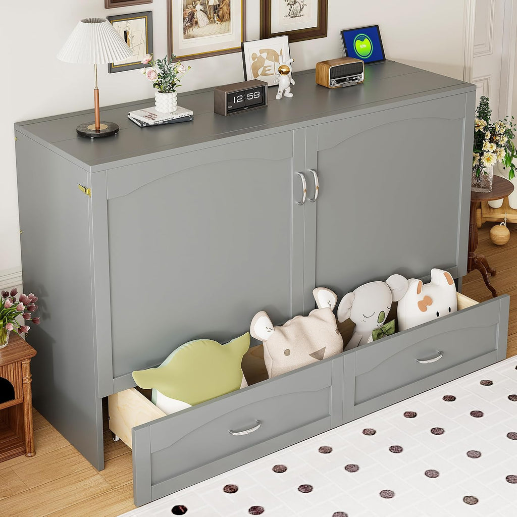 Merax Queen Size Murphy Bed Wall Bed with Drawer and a Set of Sockets & USB Ports, Pulley Structure Design, Gray