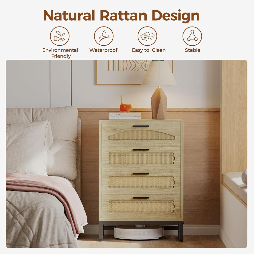 Mericonia 4 Drawer Rattan Dresser for Bedroom, Wood Tall Dresser for Closet with Metal Handles, Boho Nightstand Sets, Dressers & Chests of Drawers for Bedroom, Hallway and Entryway, Oak