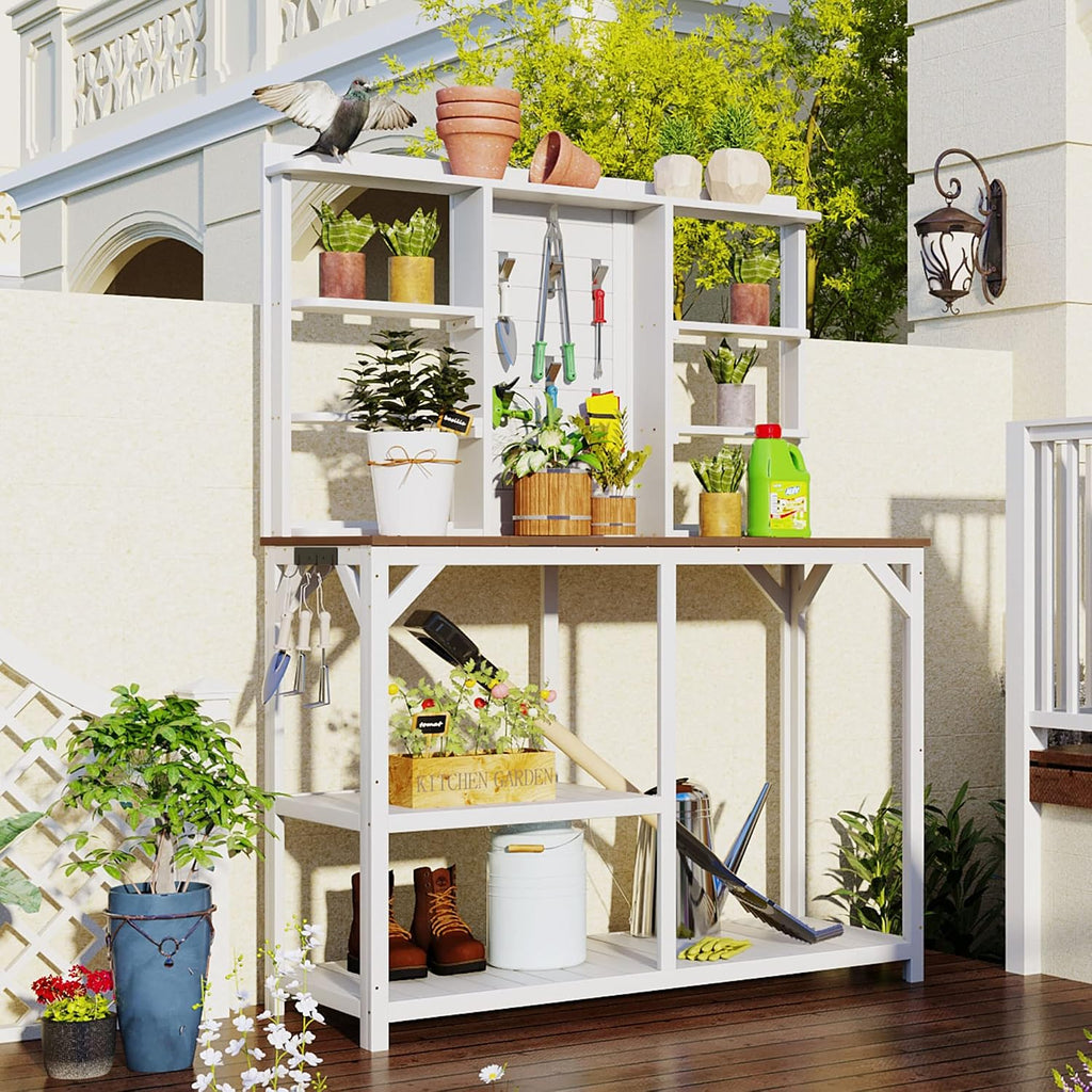 64.6' Outdoor Large Potting Bench Table,Wood Workstation with 6-Tier Shelves and Large Tabletop,Backsplash and Side Hook,for Mudroom Backyard Garden Patio (White@Shelves)