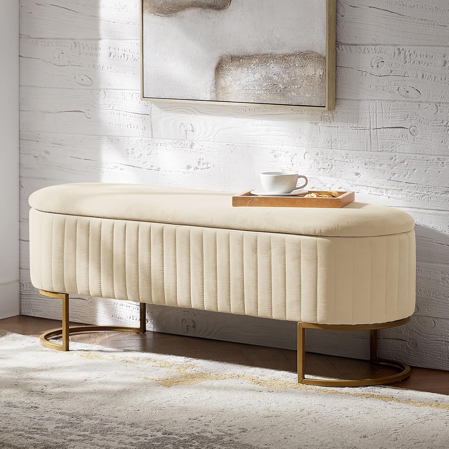 EcoHarbor Living 50.5' Storage Bench Hallway Ottoman,Upholstered End of Bed Bench Velvet with Gold Legs,Flipping Lid Entryway Footrest