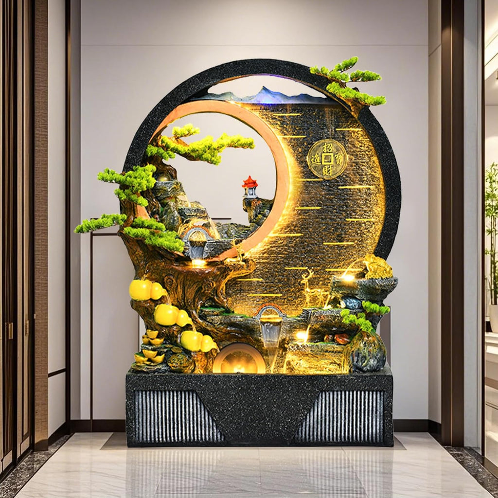 Indoor Outdoor Resin Fountain with LED Light Ring – Round Landscape Waterfall Feature with Pump, Bonsai & Gourd Decor – 6.07ft Tall Large Decorative Water Sculpture(A Large)