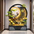 Indoor Outdoor Resin Fountain with LED Light Ring – Round Landscape Waterfall Feature with Pump, Bonsai & Gourd Decor – 6.07ft Tall Large Decorative Water Sculpture(A Large)
