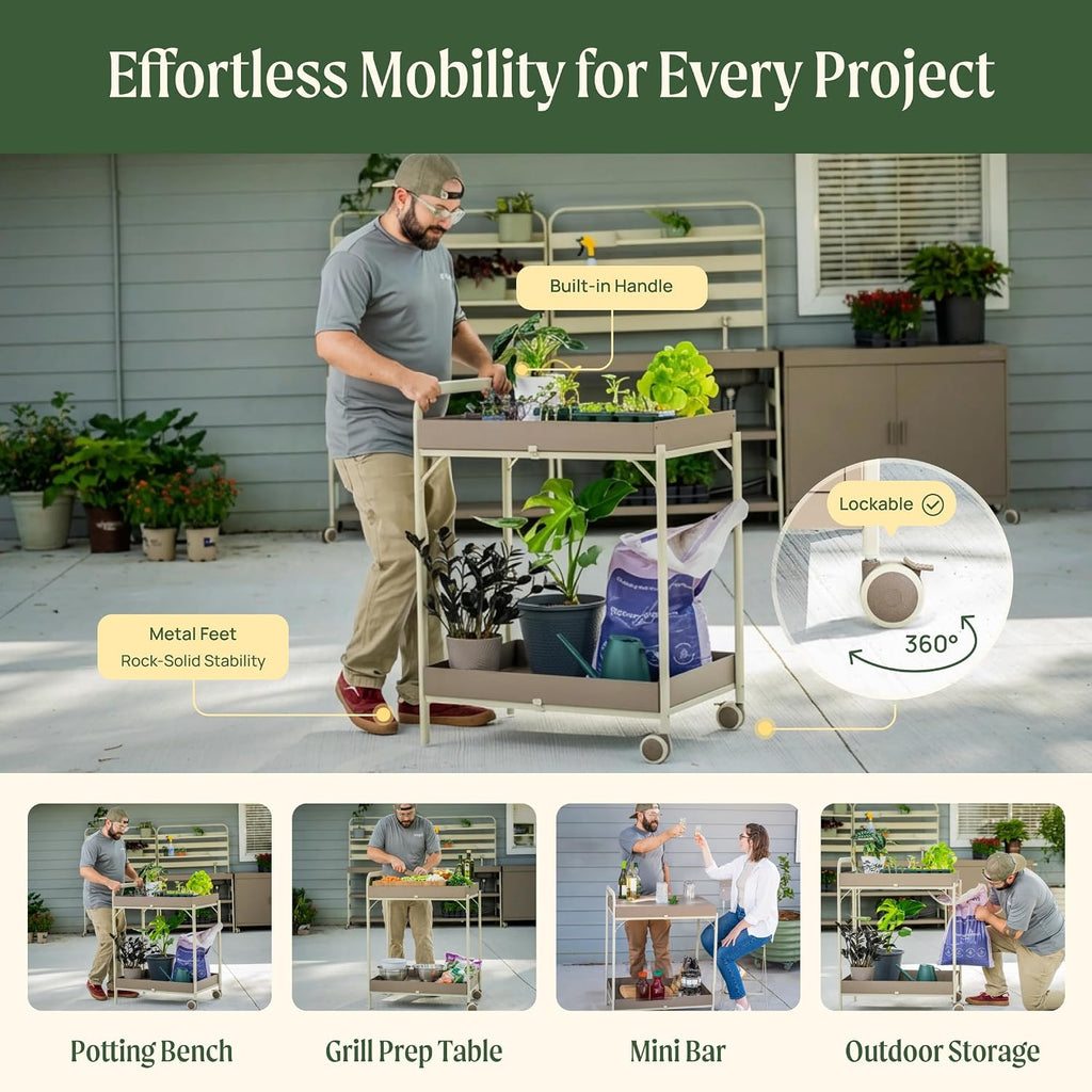 Vego Garden Potting Cart, Gardening Workstation with Wheels and Removable, Reversible Trays for Outdoor