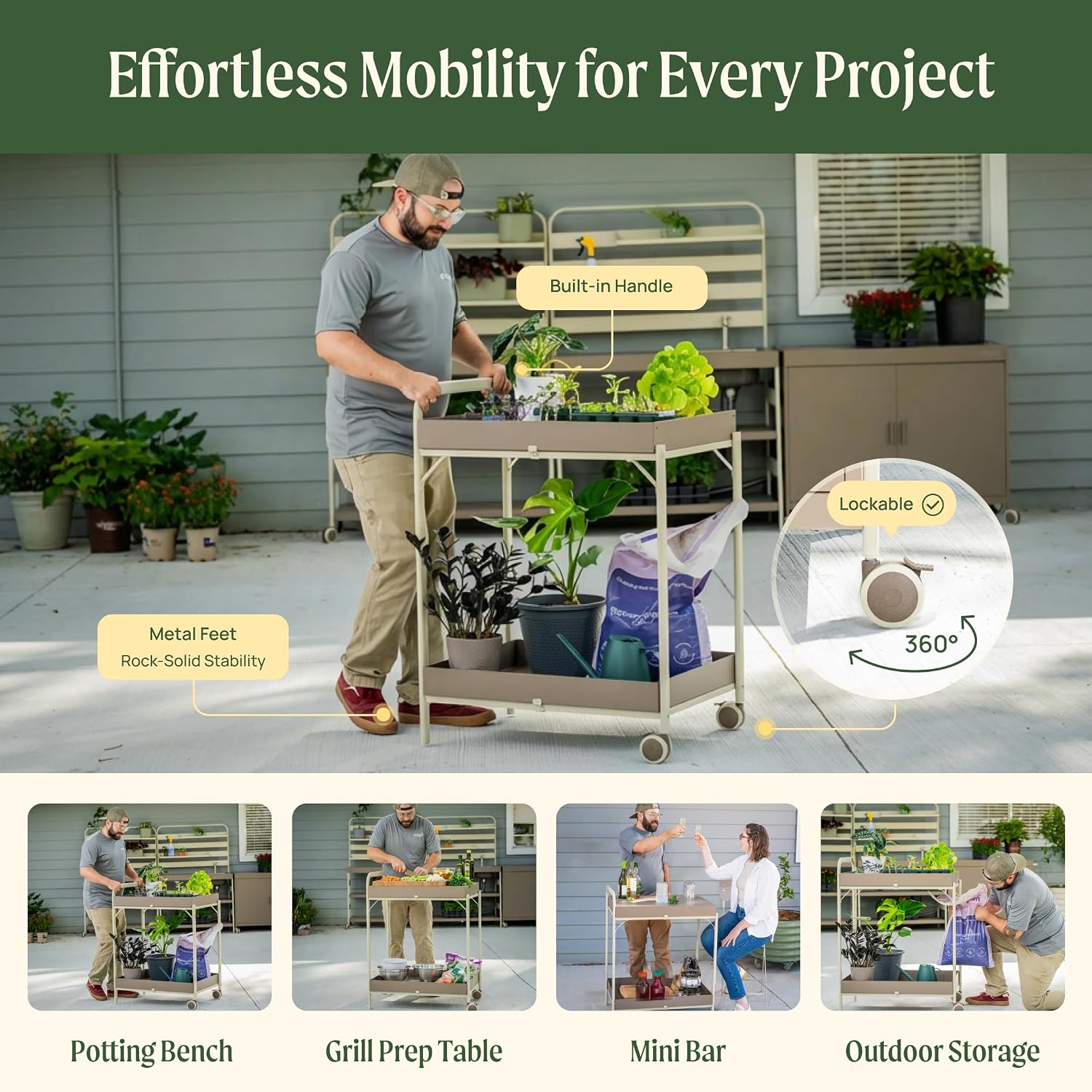 Vego Garden Potting Cart, Gardening Workstation with Wheels and Removable, Reversible Trays for Outdoor