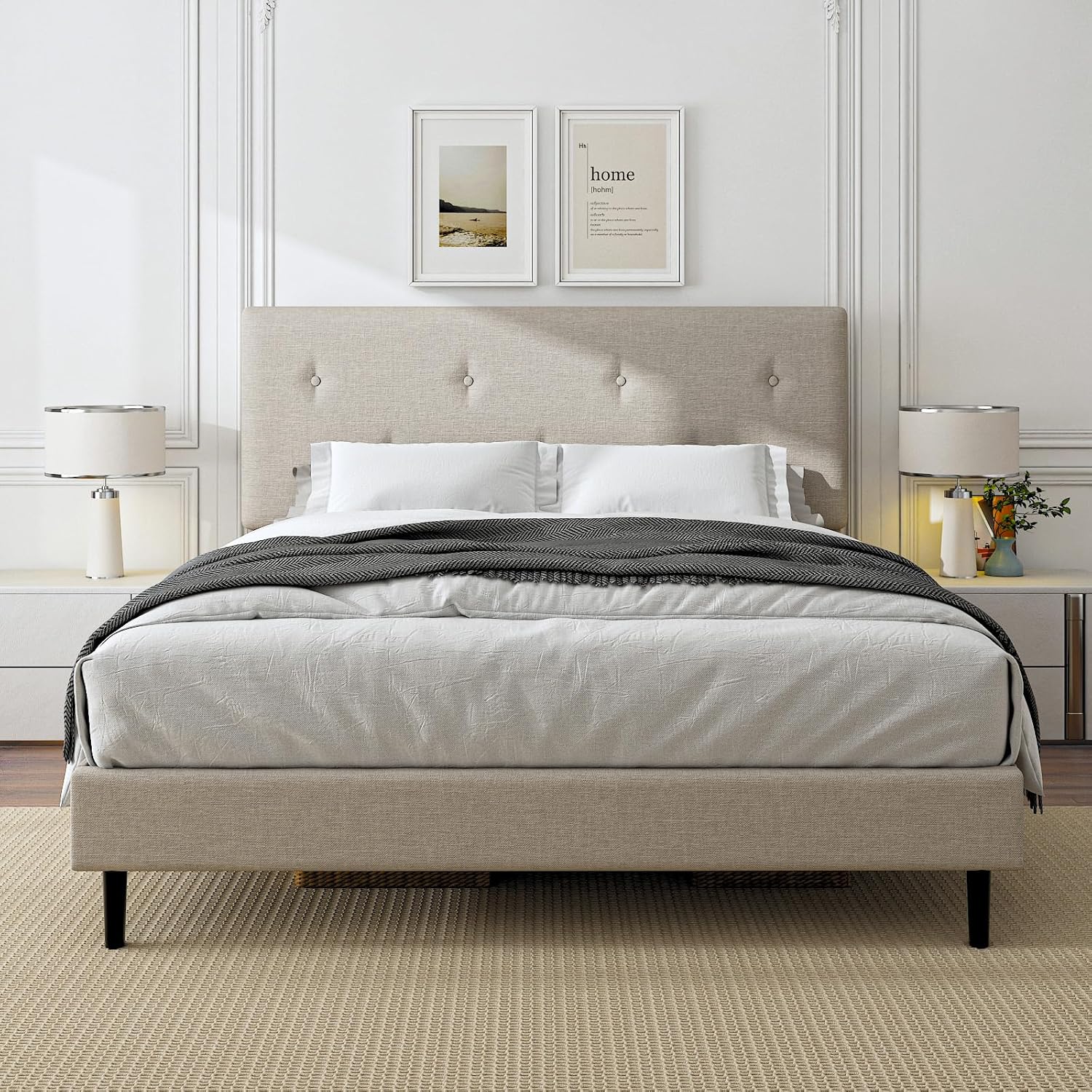 Queen Size Linen Bed Frame, Upholstered Platform Bed Frame with Adjustable Headboard, Wooden Slats Support, No Box Spring Needed, Easy Assembly, Beige