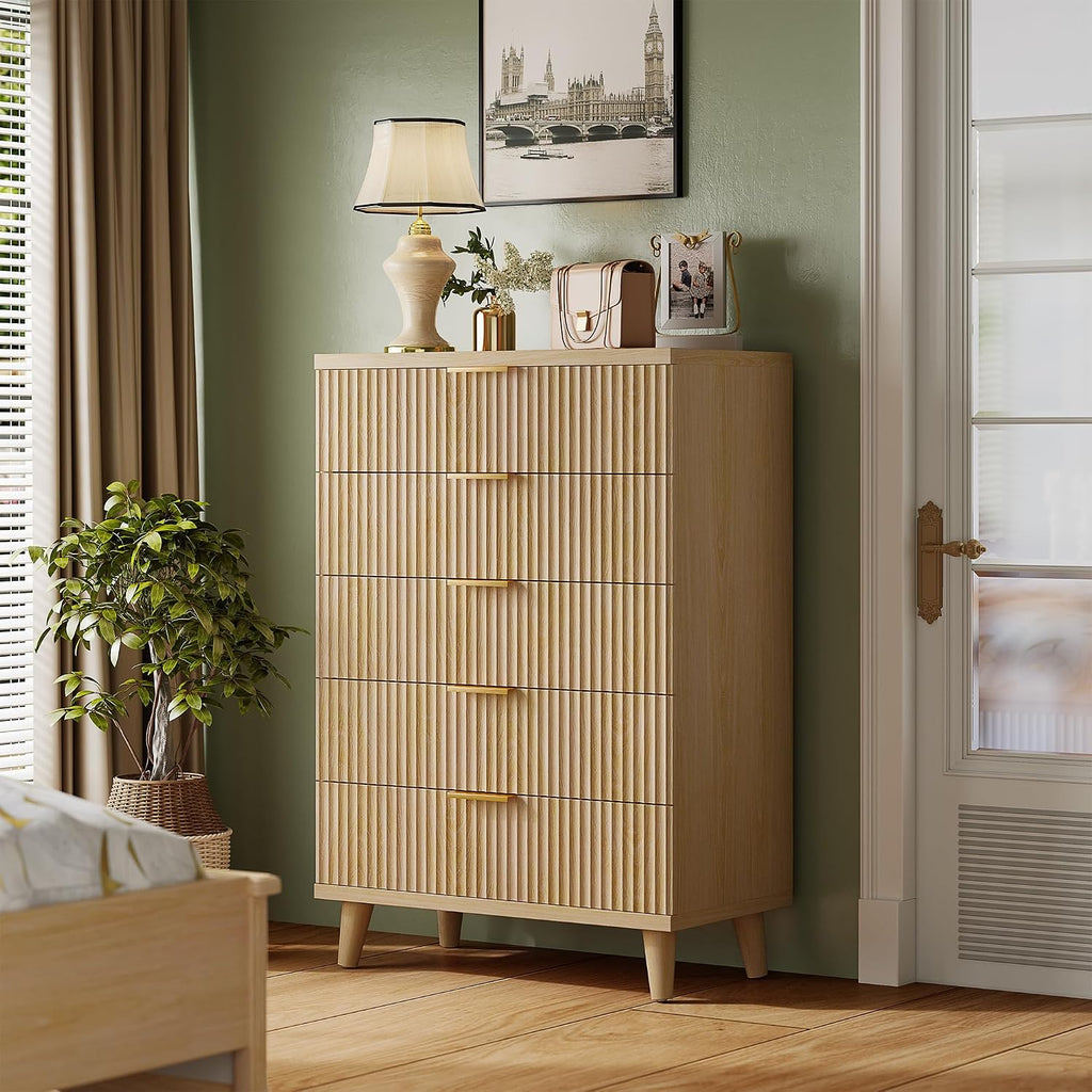 Lulive Dresser for Bedroom Wood Tall Dressers Drawers, Fluted Modern Dresser 5 Drawers Natural