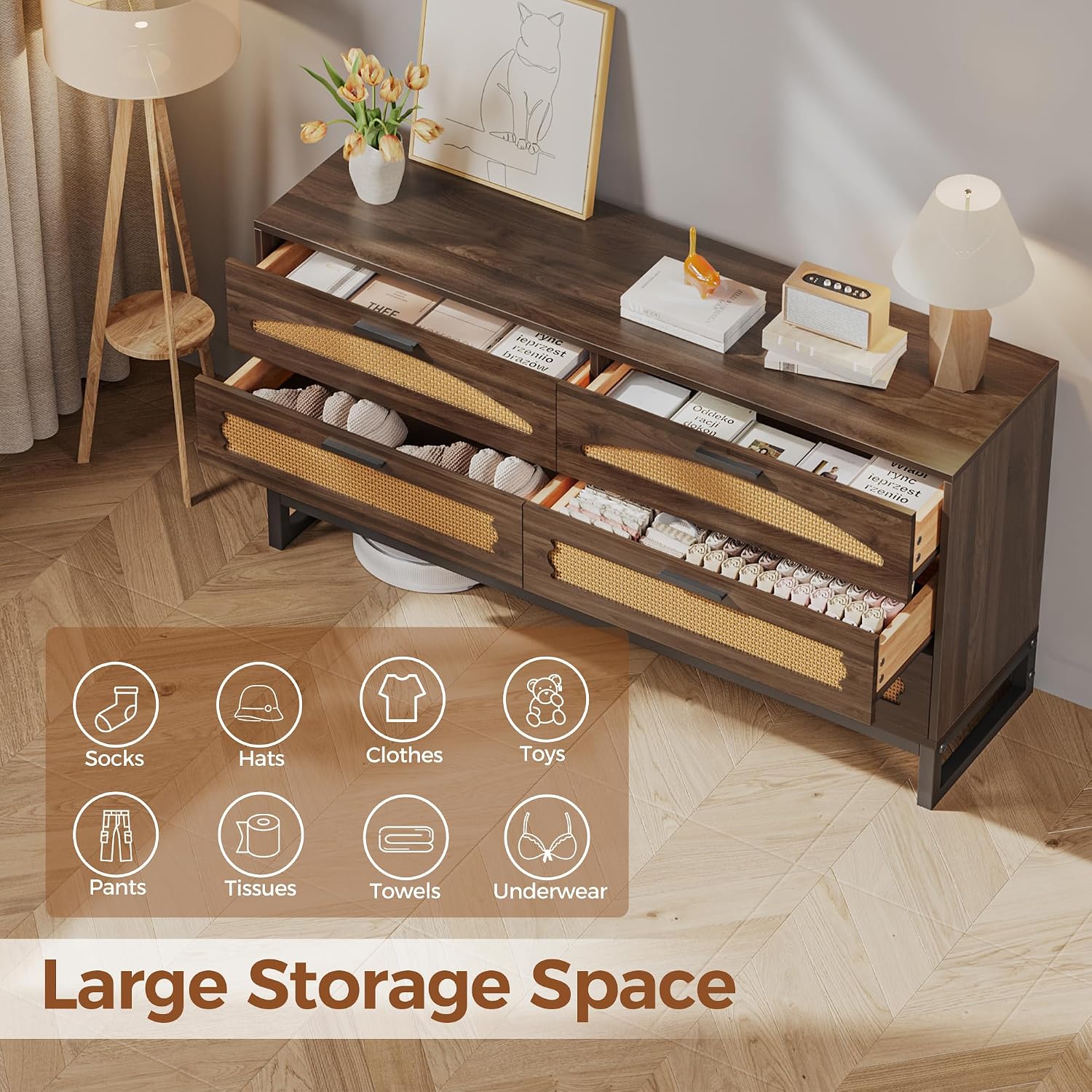 Mericonia 6 Drawer Double Dresser for Bedroom, Rattan Chest of Drawers, Modern Wooden Dresser Chest with Metal Frame for Bedroom, Living Room, Hallway and Entryway, Walnut