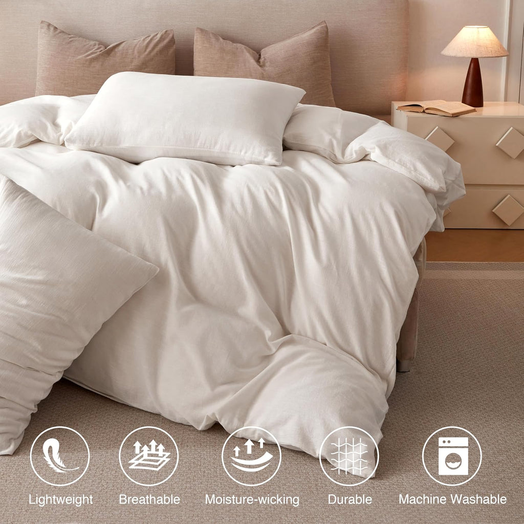 BFS HOME Linen Duvet Cover California King - Soft Breathable Cotton Linen Blend, 3-Pieces Bedding Set with 2 Pillowcases, Stonewashed Texture, Off-White, All-Season Comfort