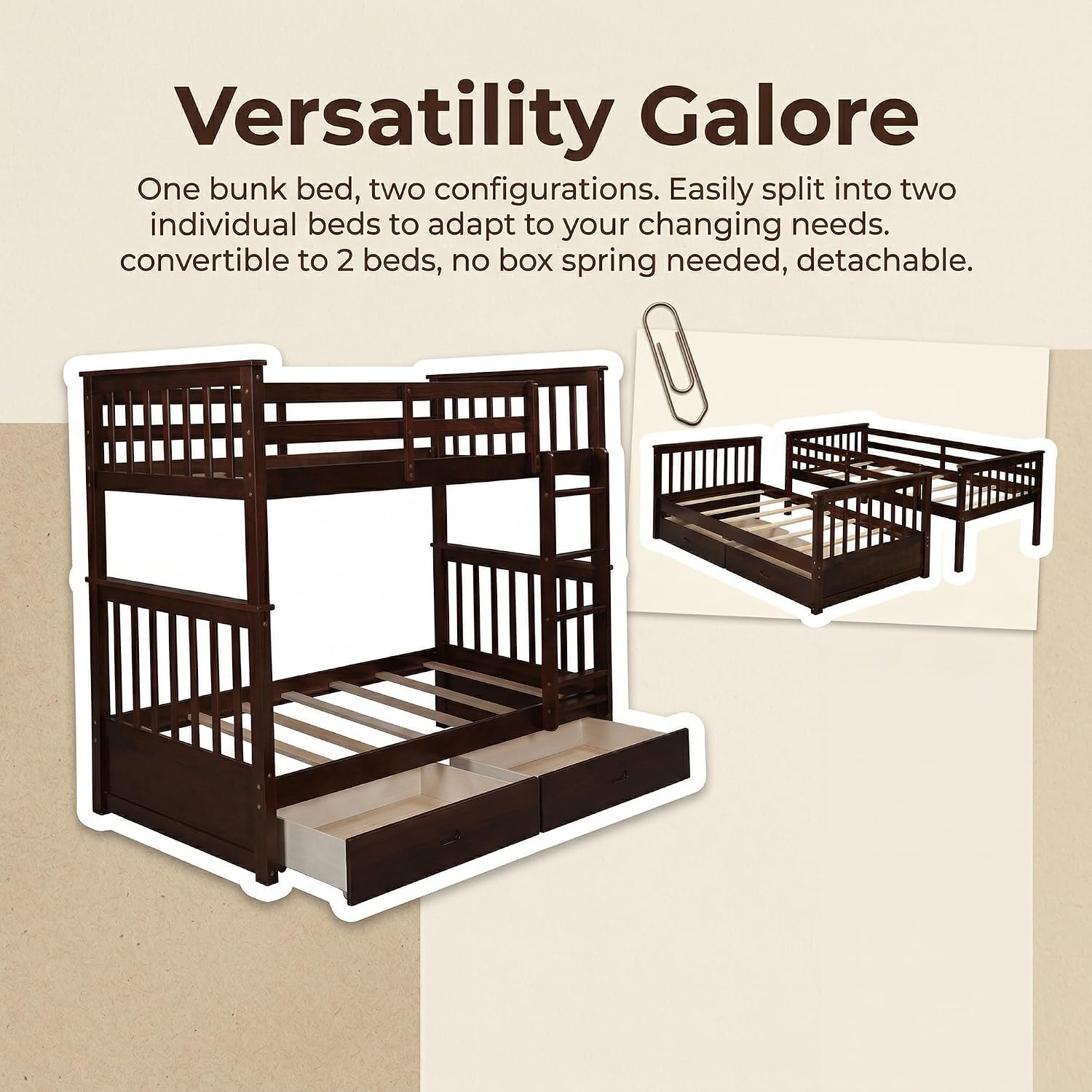 Merax Twin-Over-Twin Bunk Bed with Two Storage Drawers, Solid Wood Twin Size Bunk Bed with Guardrial and Removble Ladder, Can be Converted Into 2 Separate Beds, Espresso