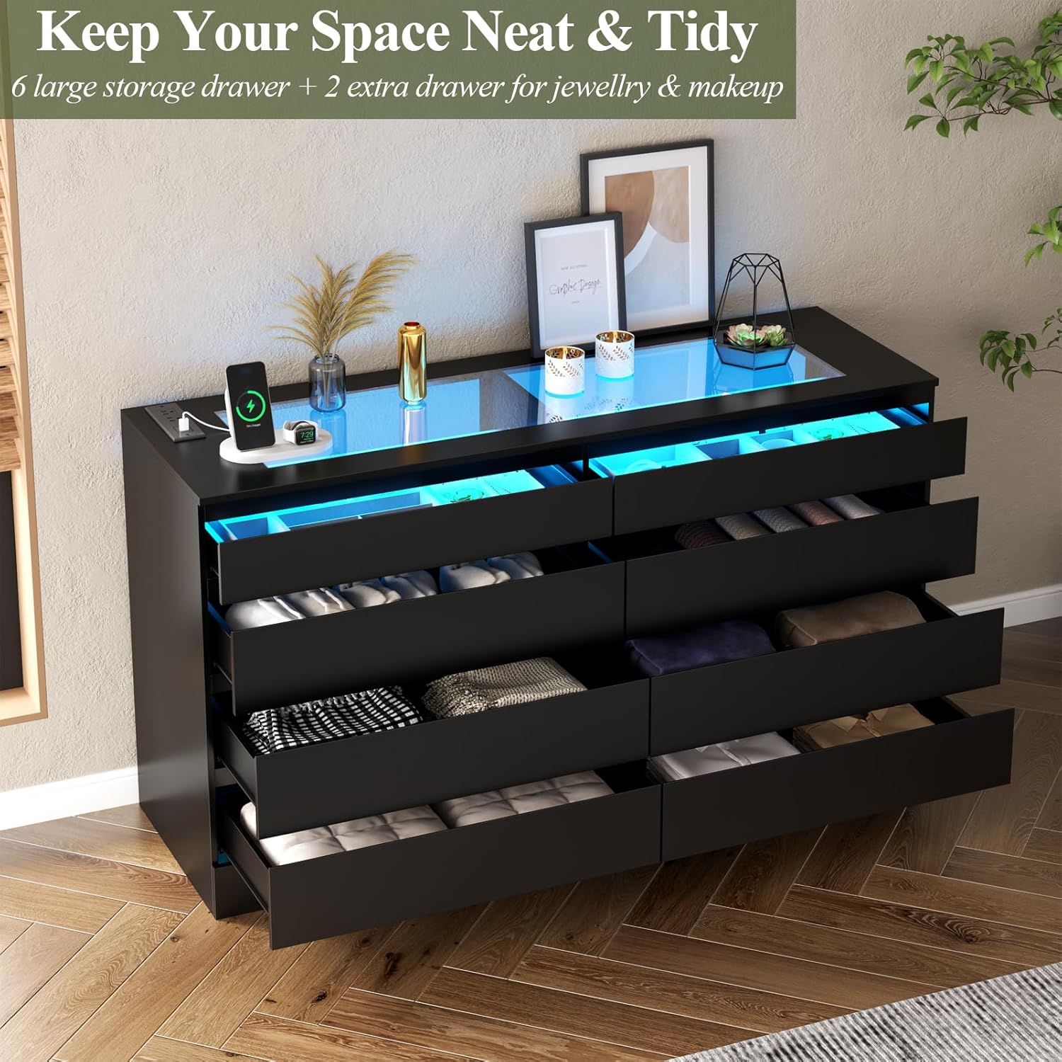 Gyfimoie 8 Drawer Dresser with Power Outlet, White Dresser for Bedroom Chest of Drawer with Glass Top & LED Light, Modern Double Wide Drawer Organizer Cabinet for Living Room (Black)