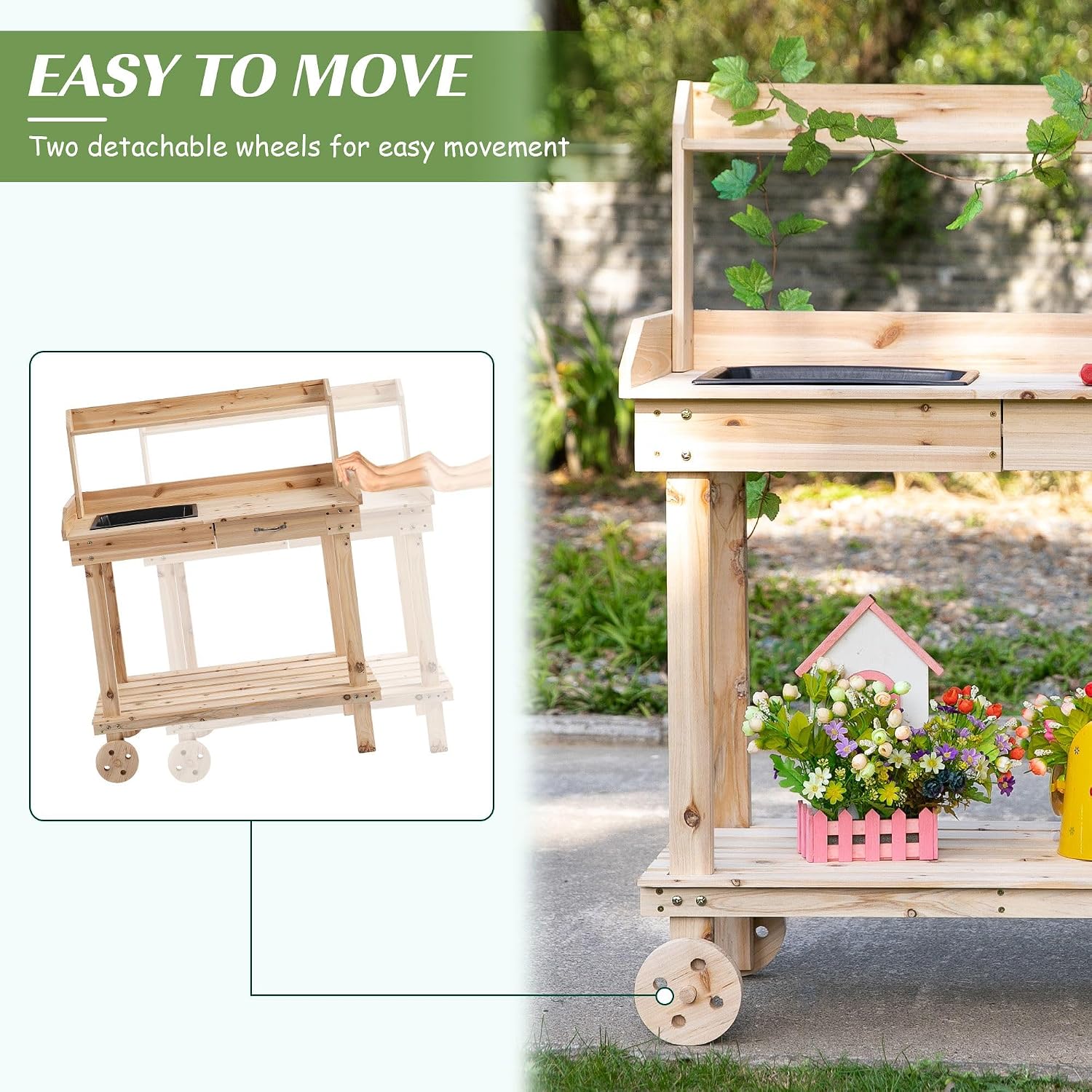 120x60x80cm Premium Heavy-Duty Potting Bench Workstation, 4-Wheel Casters, Integrated Sink, Side Drawer, Natural Wood, Large Capacity Storage System