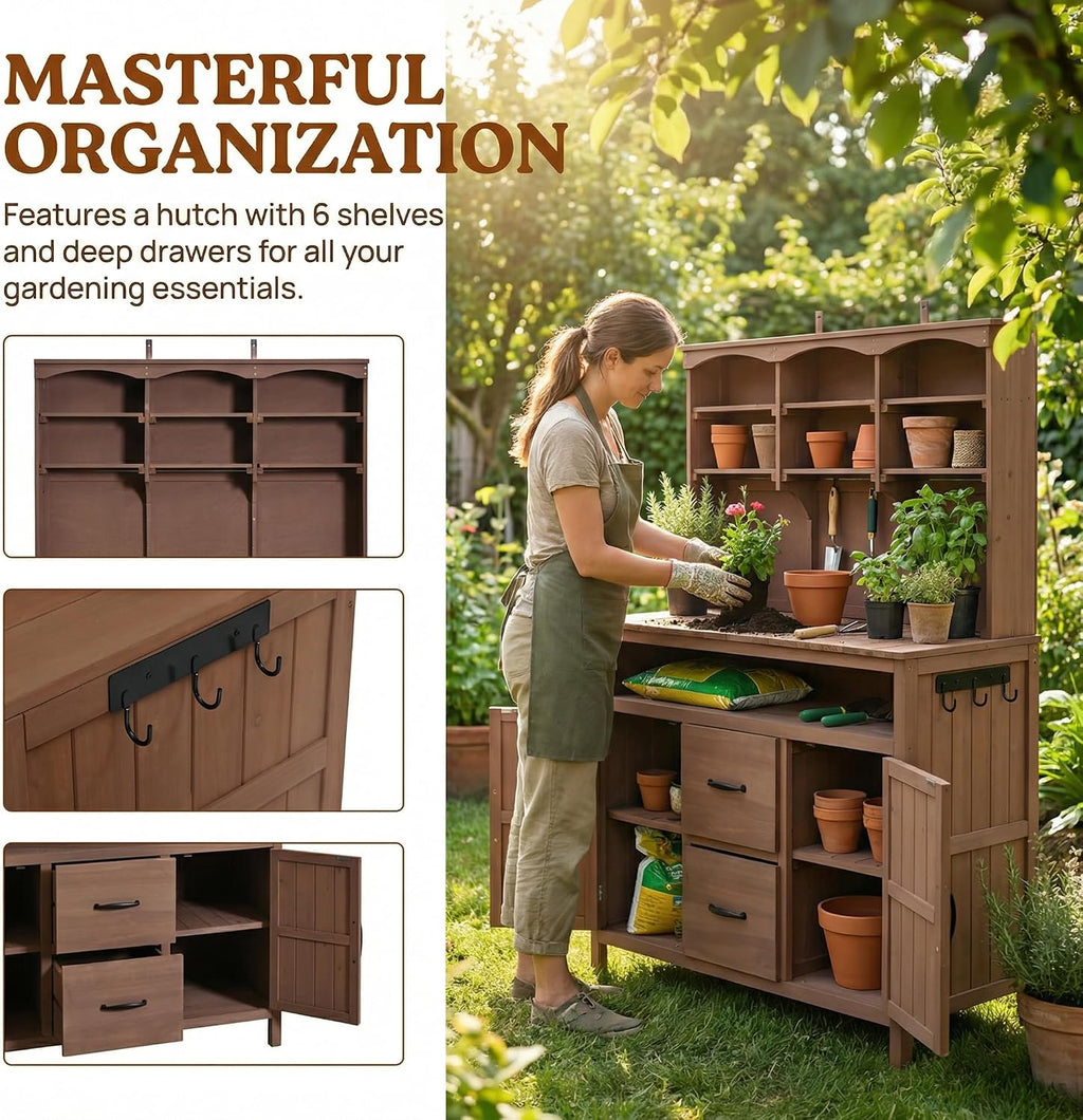 Polibi Large Fir Wood Potting Bench 45.3' Outdoor Patio Kitchen Island with Hutch, Cabinets, Drawers & Hooks, Multi-Functional Gardening Workbench for Grill, Brown
