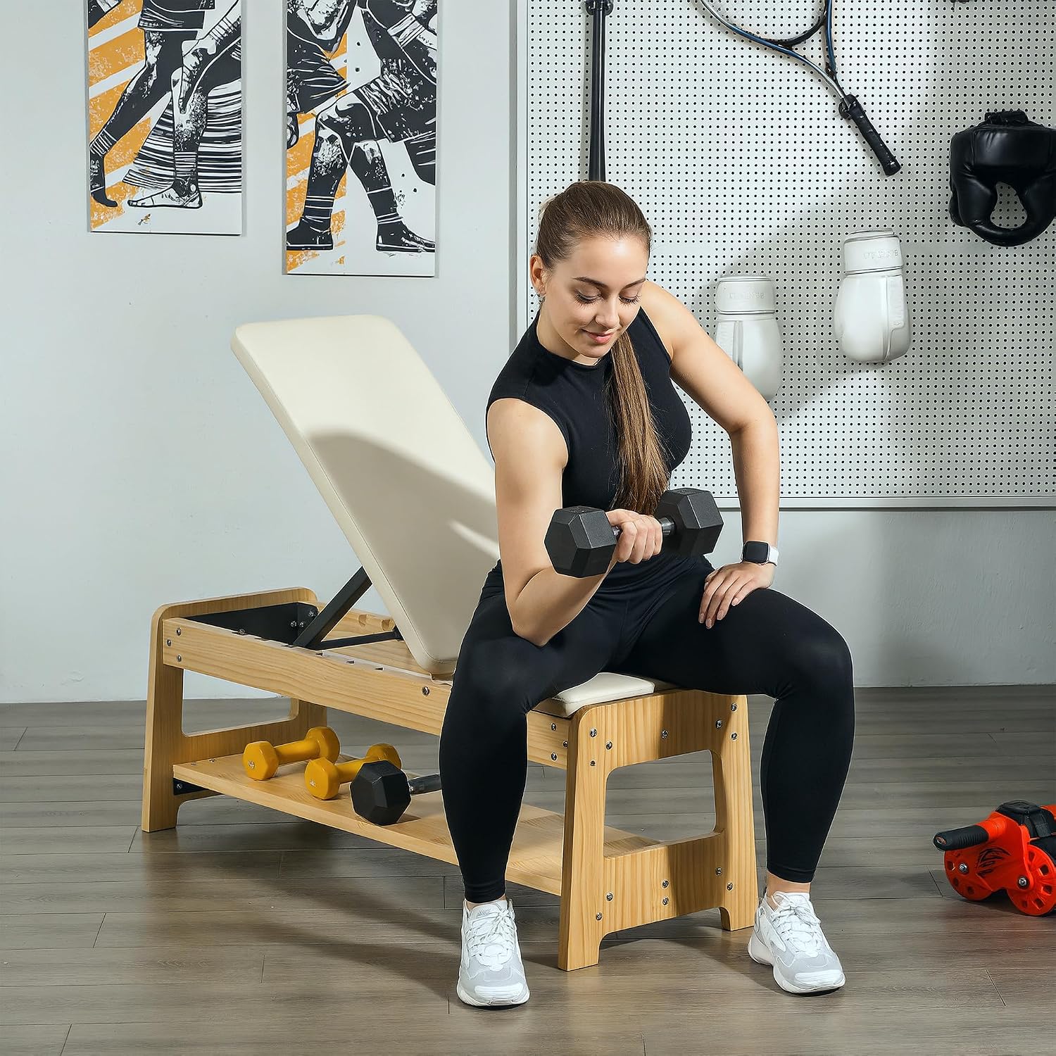 Soozier Adjustable Weight Bench with Dumbbell Rack, Wooden Workout Bench, Flat or Incline Bench for Home Gym Weight Lifting Training