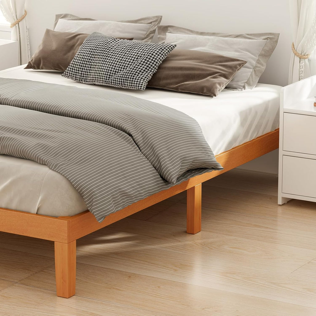DUMOS Solid Wood Bed Frame, Full Size Bed Base with Wooden Slat Support, Sturdy, Stylish & Noise-Free Design, No Box Spring Needed, Easy Assembly, 12 in Natural Pine