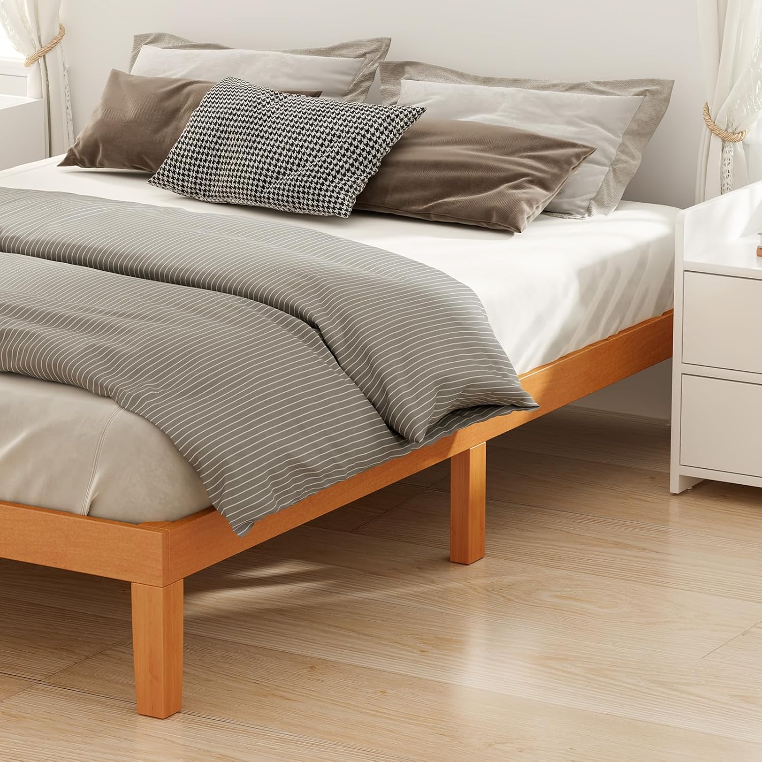 DUMOS Solid Wood Bed Frame, Full Size Bed Base with Wooden Slat Support, Sturdy, Stylish & Noise-Free Design, No Box Spring Needed, Easy Assembly, 12 in Natural Pine