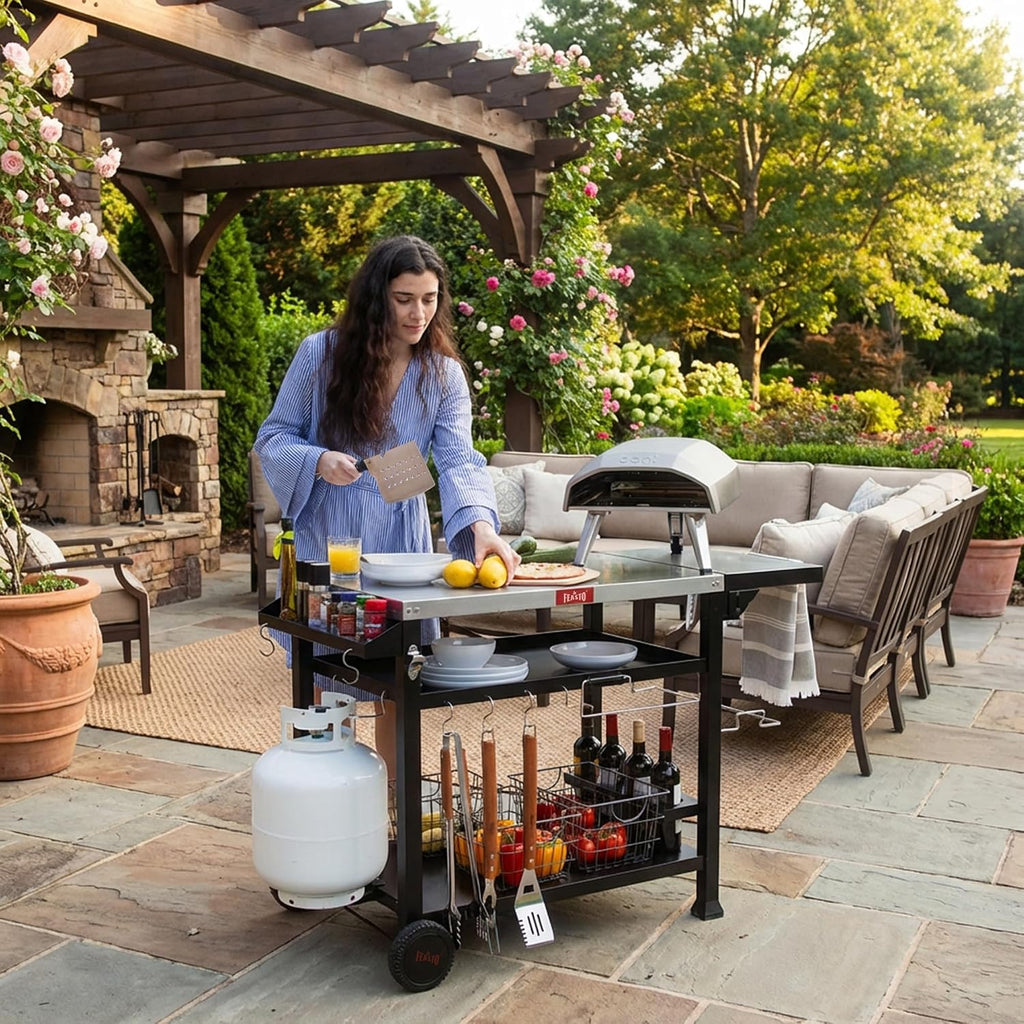 Feasto 40x26 Outdoor Grill Cart, Stainless Steel Tabletop, 3-Shelf Rolling | Pizza Oven Table, Pizza Oven Stand, BBQ Grill with Wheels for Food Prep, Outdoor & Indoor, Dining, Kitchen Cart Table